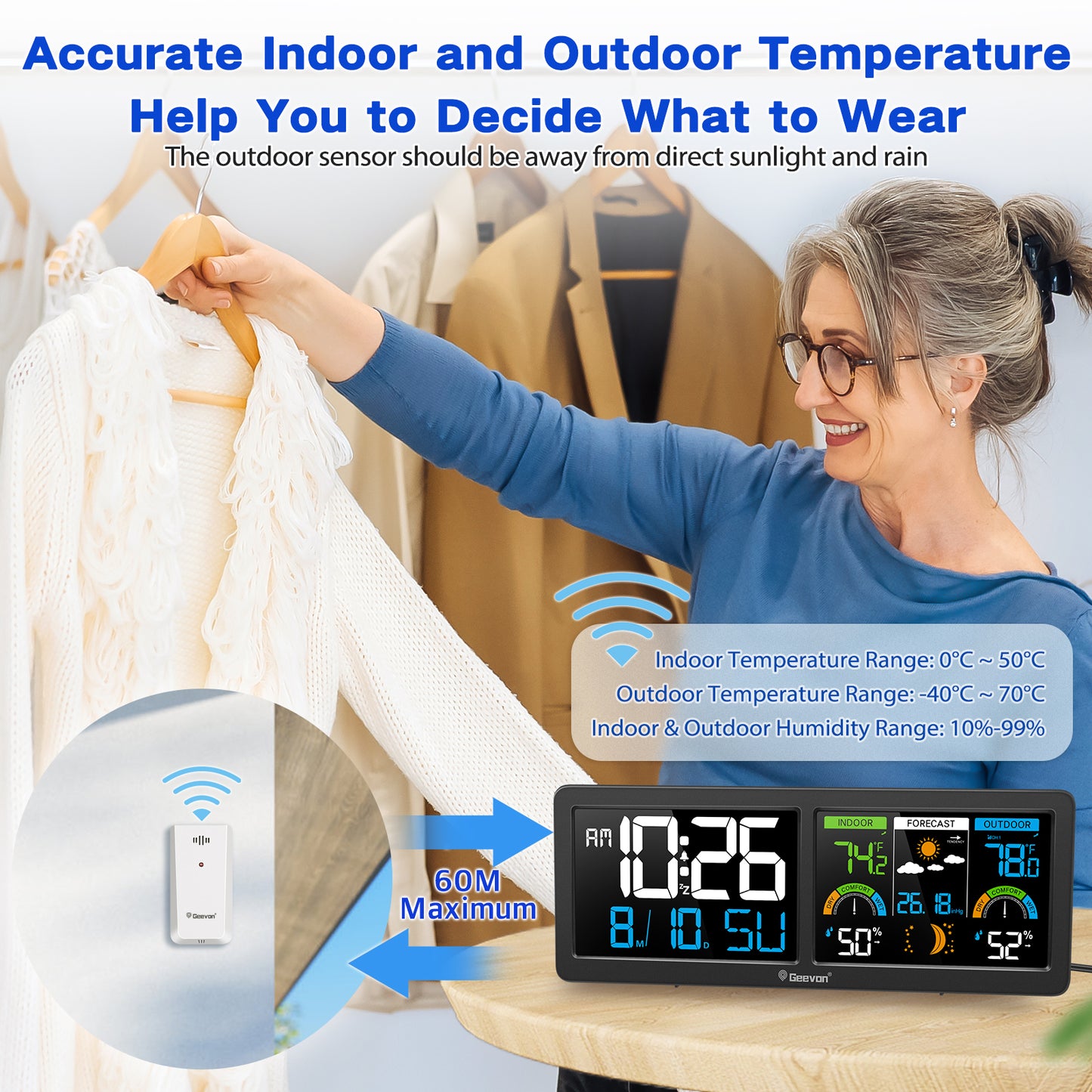 Geevon Weather Station Wireless Indoor Outdoor Thermometer, HD Color Display Digital Temperature Humidity Monitor with Barometer, Comfort Indicator, and Adjustable Backlight