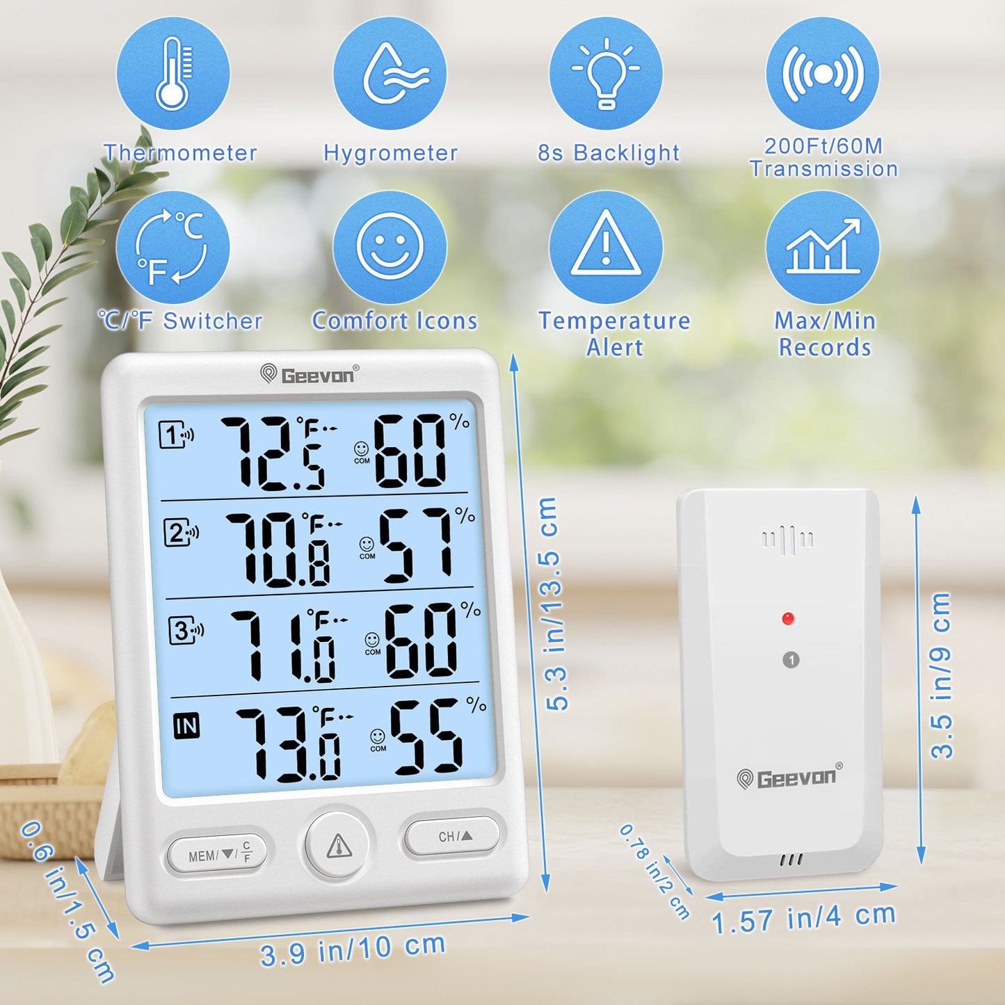 Geevon Indoor Outdoor Thermometer Wireless, 5-Inch Display with 3 Remote Sensors Wireless Thermohygrometer, Digital Temperature Humidity Meter with 200FT/60M Range(White Backlight)