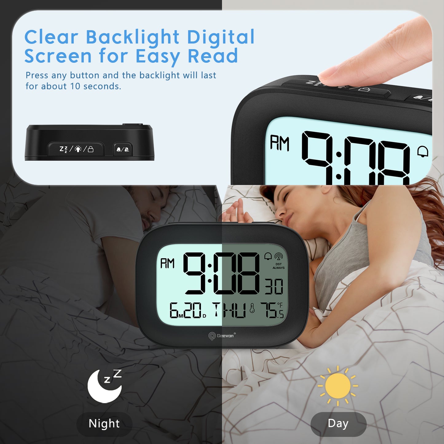Geevon Small Digital Atomic Alarm Clock for Bedroom Heavy Sleepers, Mini Travel Alarm Clock with 10s Backlight, 12/24H, Temp, Suitable for Kids Teens Adult Boy Girl(Black)