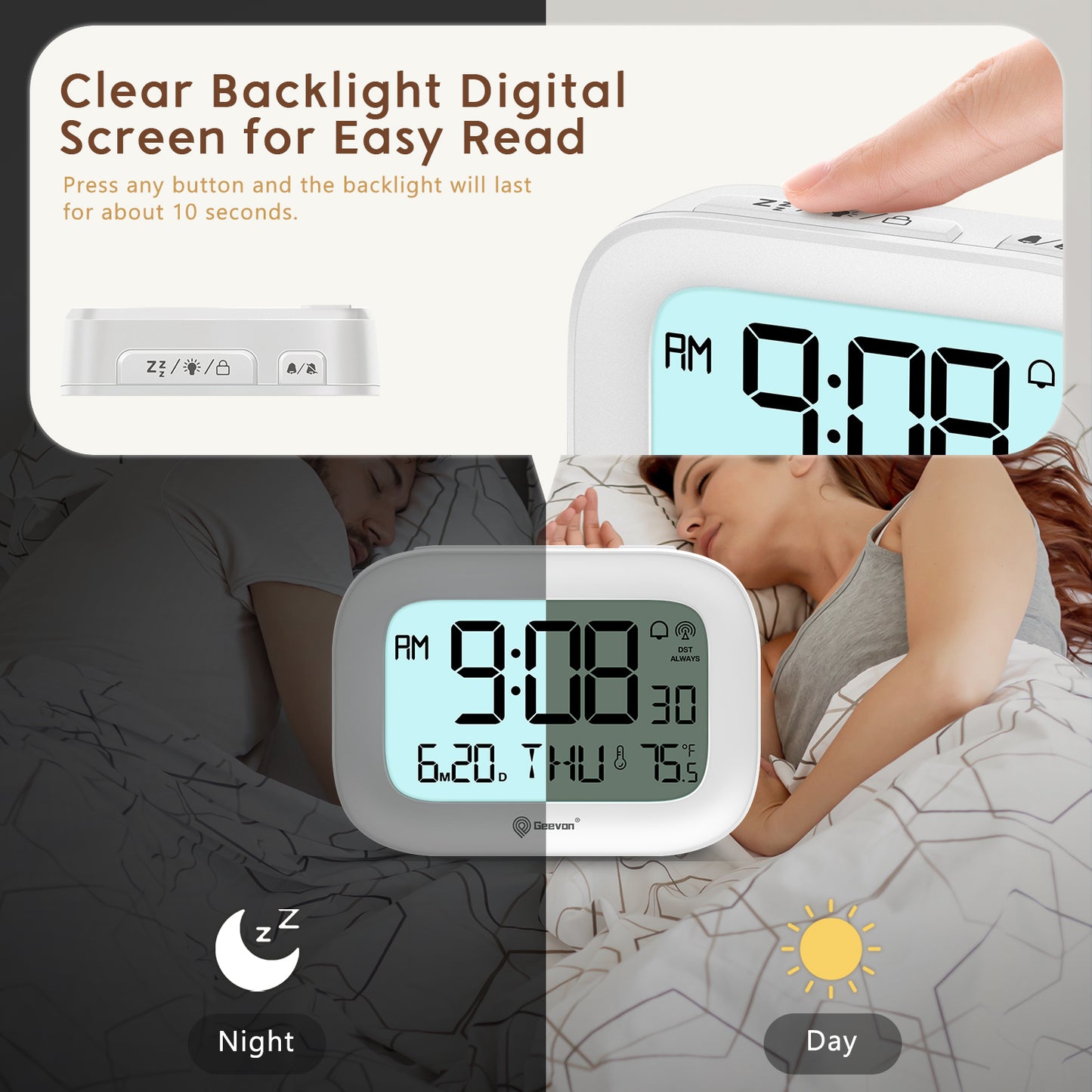Geevon Small Digital Atomic Alarm Clock for Bedroom Heavy Sleepers, Mini Travel Alarm Clock with 10s Backlight, 12/24H, Temp, Suitable for Kids Teens Adult Boy Girl(White)