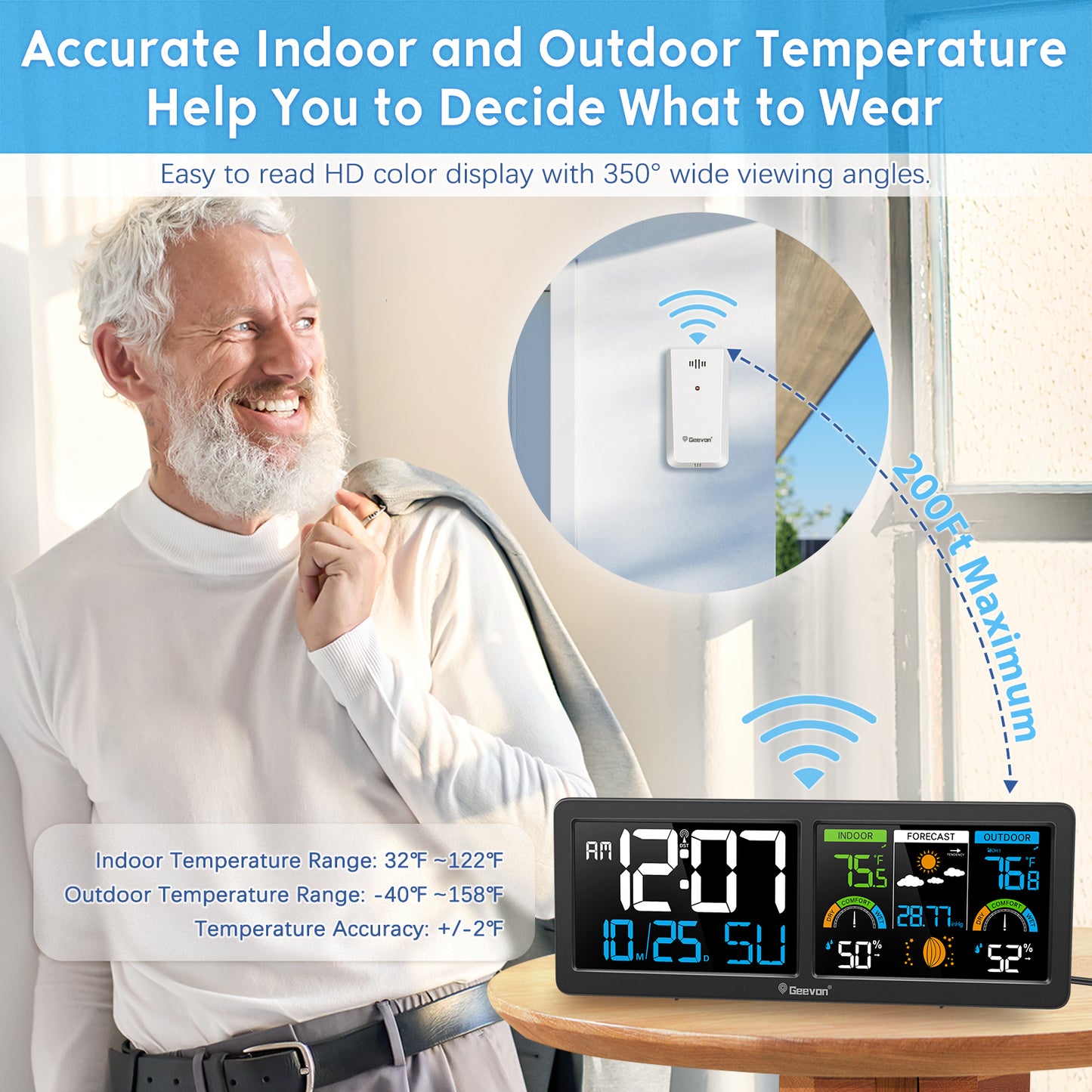 Geevon Weather Station Wireless Indoor Outdoor Thermometer with Atomic Clock, HD Color Display Digital Temperature Humidity Monitor with Barometer, Comfort Indicator, and Adjustable Backlight