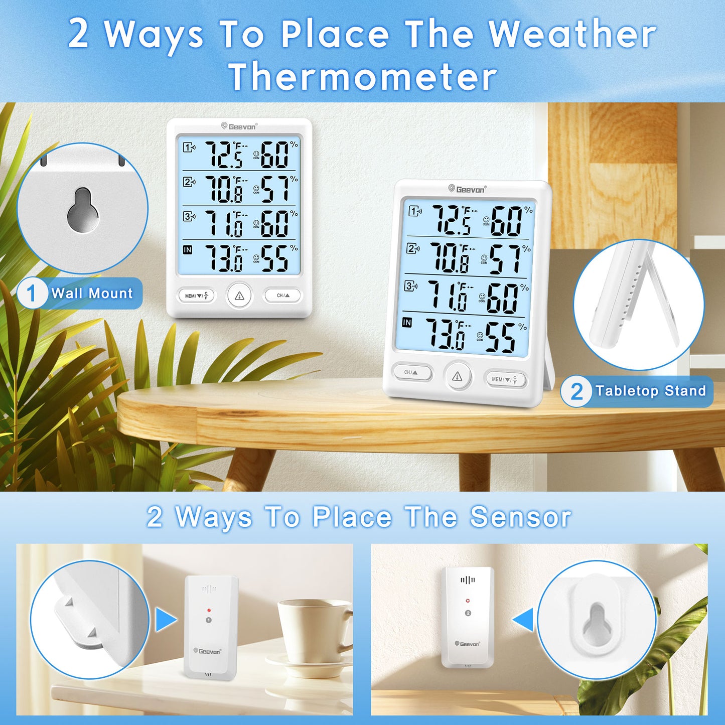 Geevon Indoor Outdoor Thermometer Wireless, 5-Inch Display with 3 Remote Sensors Wireless Thermohygrometer, Digital Temperature Humidity Meter with 200FT/60M Range(White Backlight)
