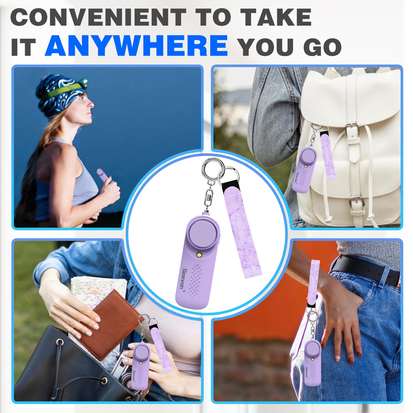 Geevon 3 Pack Personal Safety Alarms, 130DB Safe Sound Self Defense Alarm Siren with Strobe Light, Emergency Security Alert Devices for Women, Elderly, Children (2 Pack Purple & 1 Pack Mint Green)