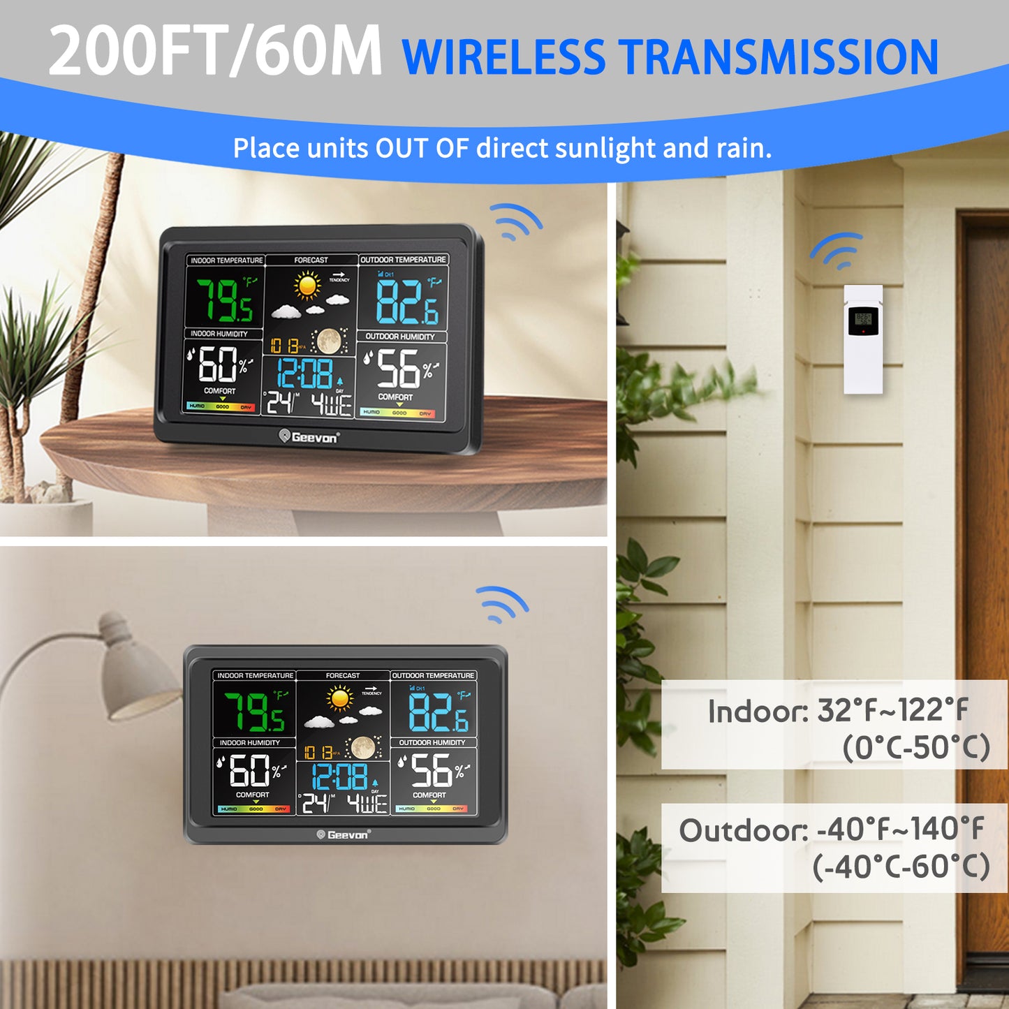 Geevon Weather Station Wireless Indoor Outdoor Thermometer, Color Display Digital Weather Thermometer with Atomic Clock, Barometric Pressure, Calendar, USB Charge, and Backlight