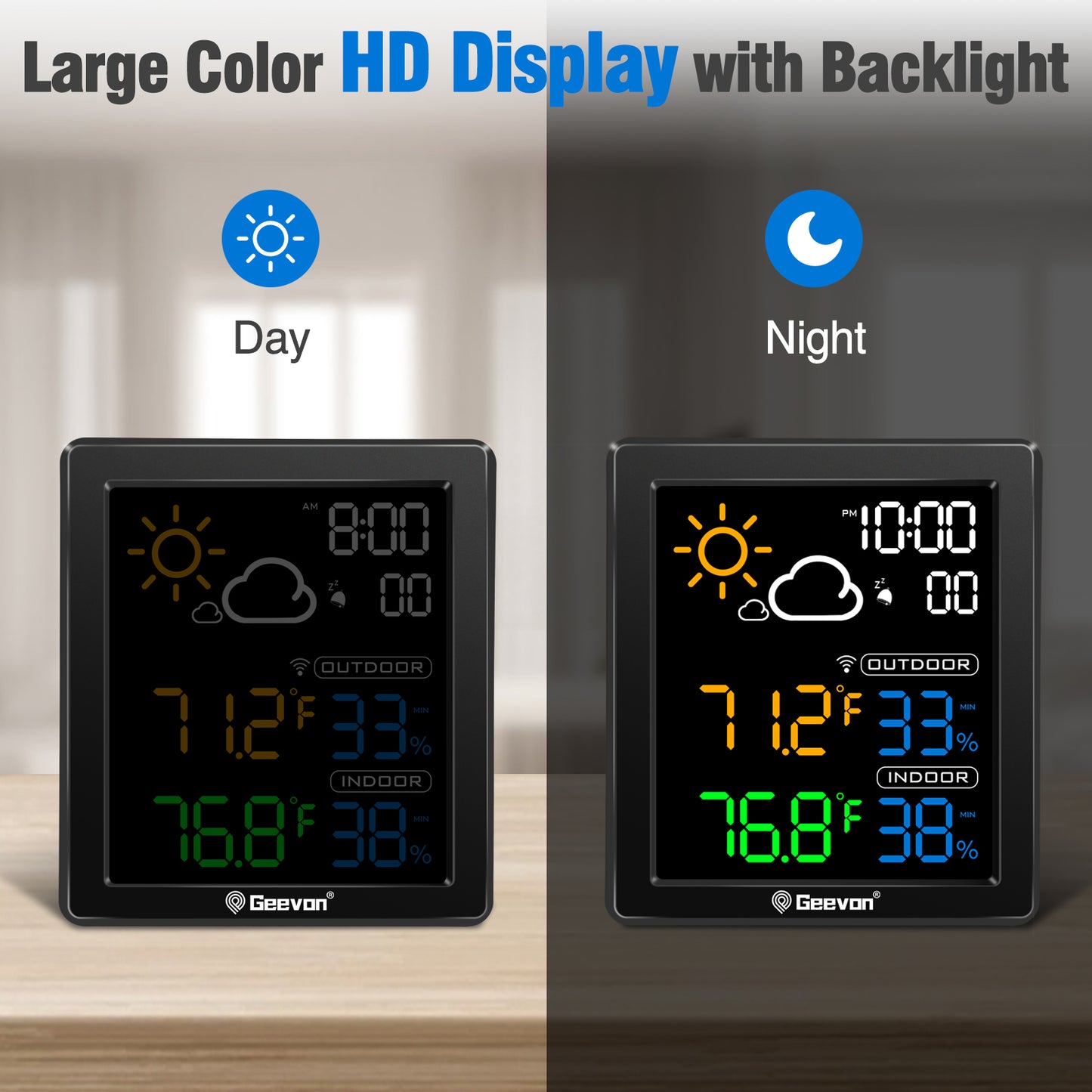 Geevon Indoor Outdoor Thermometer Digital Wireless, Color Display Digital Thermohygrometer Temperature Humidity Monitor with Alarm Clock and Backlight