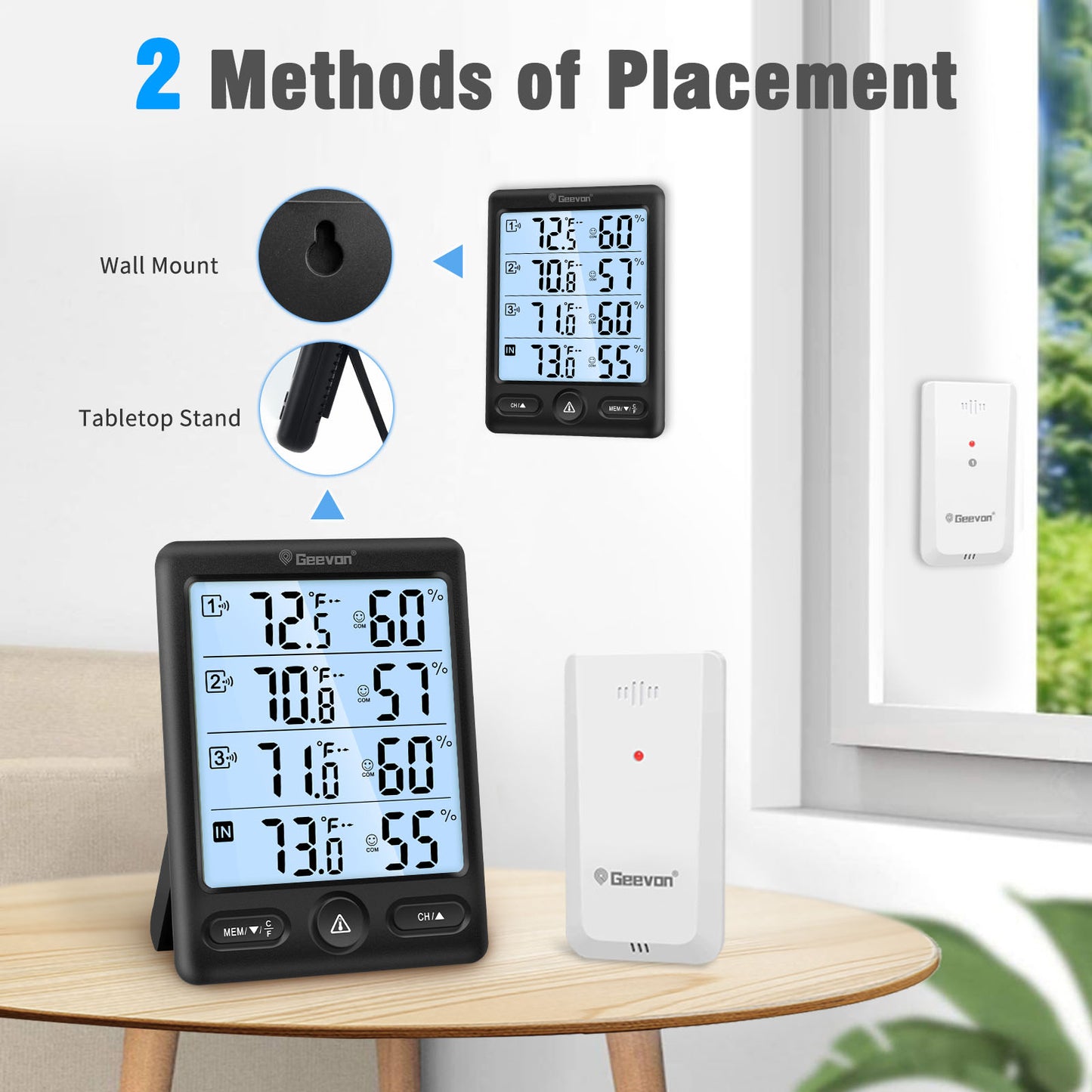 Geevon Indoor Outdoor Thermometer Wireless, 5-Inch Display with 3 Remote Sensors Wireless Thermohygrometer, Digital Temperature Humidity Meter with 200FT/60M Range(Black Backlight)
