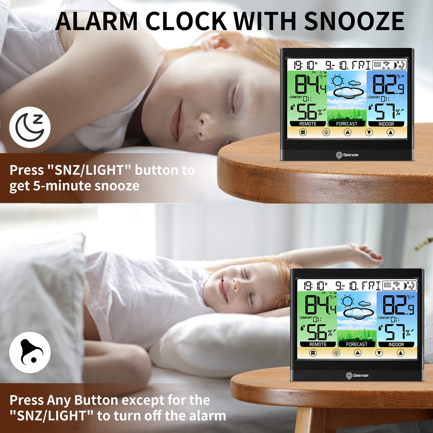 Geevon Weather Stations Wireless Indoor Outdoor Thermometer Hygrometer with Dew Point, Heat Index, Touch LCD Display Digital Weather Thermometer with Alarm Clock and Adjustable Backlight