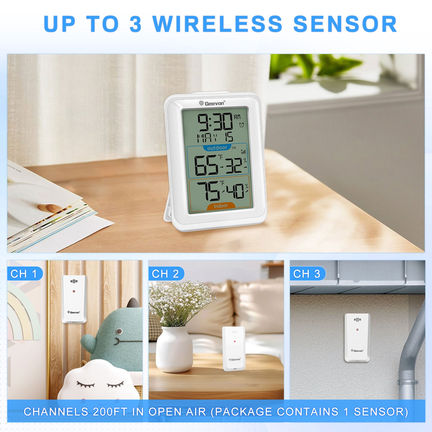 Geevon Indoor Outdoor Thermometer Digital Wireless, Digital Thermohygrometer with Time, 200ft/60m Range Outdoor Thermometer(White)
