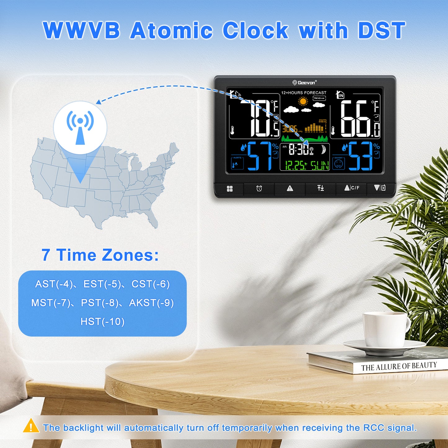 Geevon Weather Station Wireless Indoor Outdoor Thermometer with Atomic Clock, VA Color Display Digital Temperature Humidity Monitor with Barometer, Comfort Indicator, and Adjustable Backlight