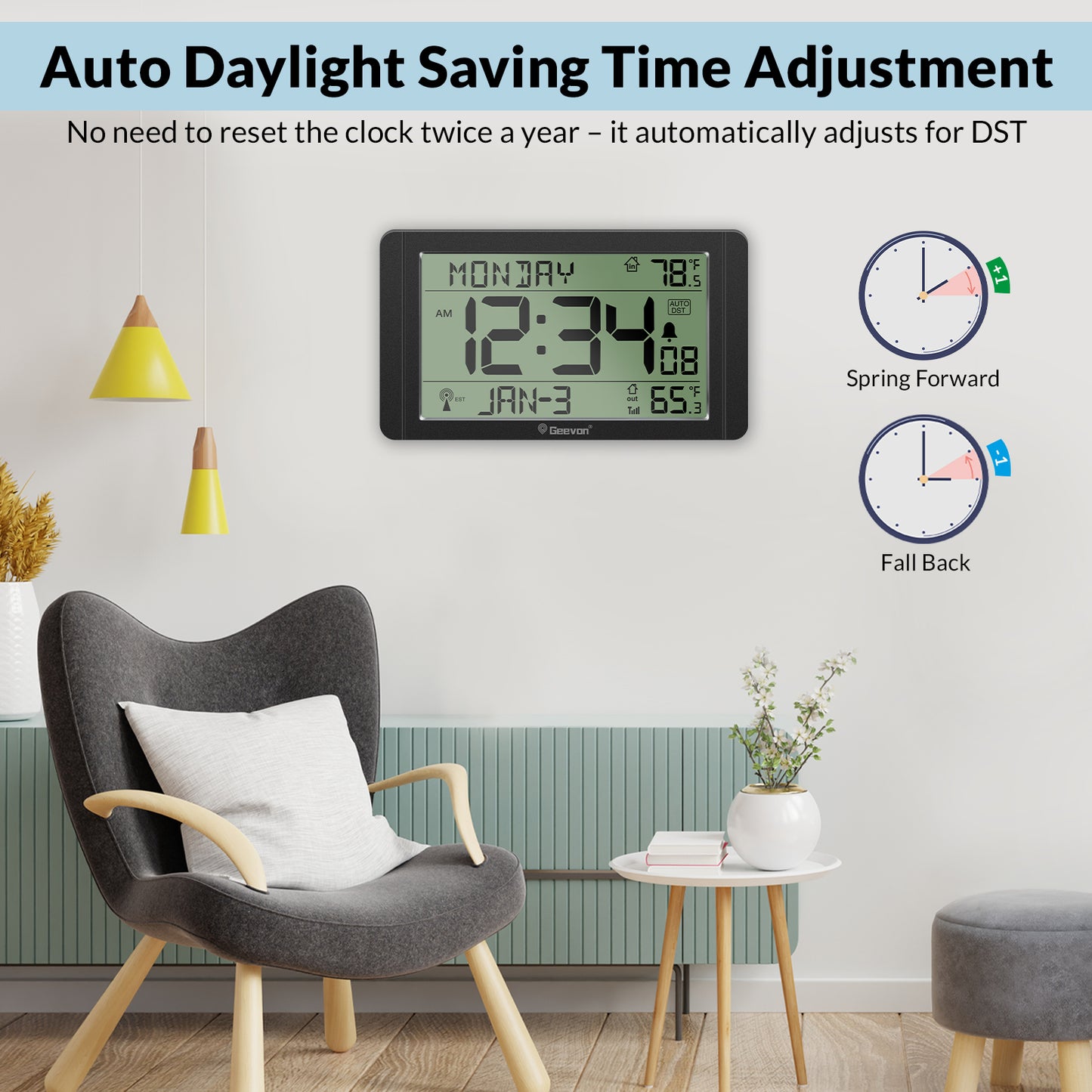 Geevon 10.8'' Atomic Clock with Indoor Outdoor Temperature, Large Display Digital Wall Clock with Wireless Sensor, for Bedroom, Office, Kitchen, Living Room, Easy for Seniors to Read