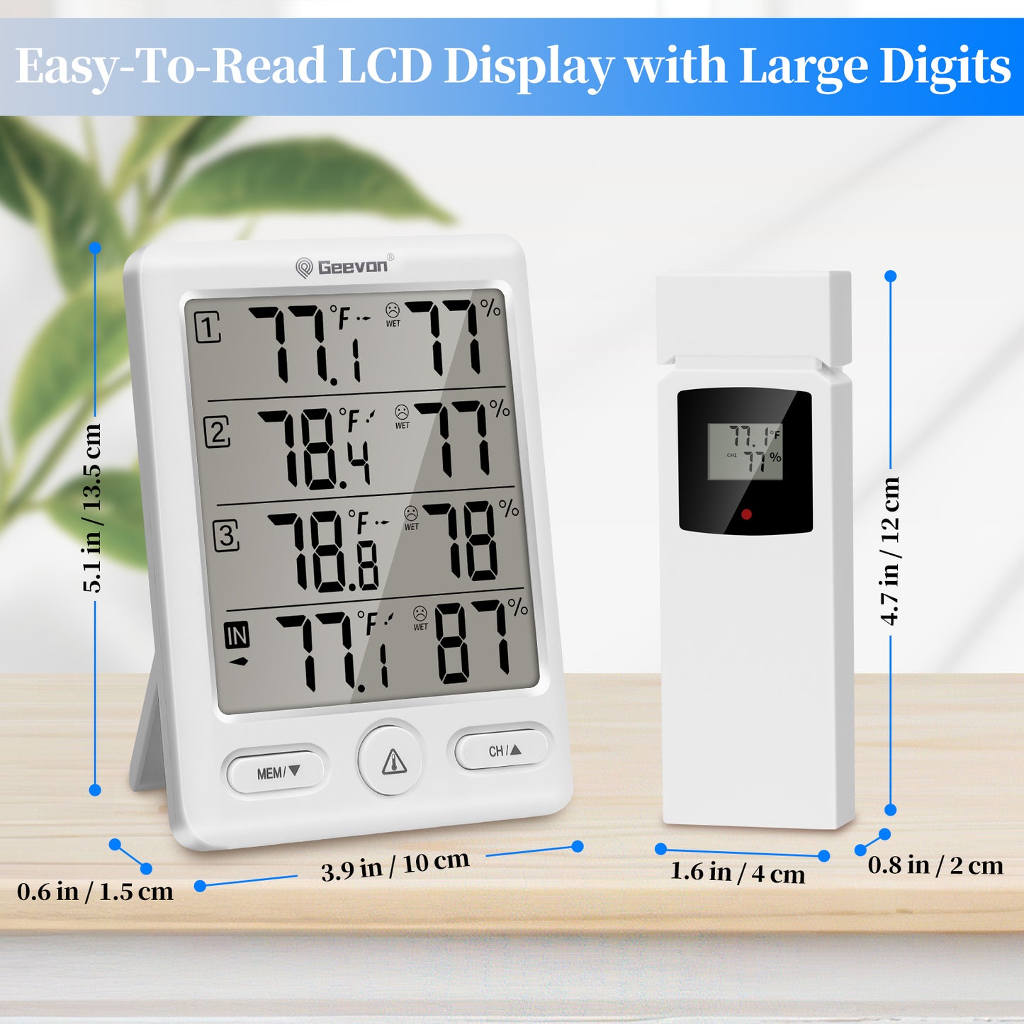 Geevon Indoor Outdoor Thermometer Wireless with 3 Remote Sensors, Wireless Thermohygrometer, Digital Temperature Humidity Meter with 200FT/60M Range(White)