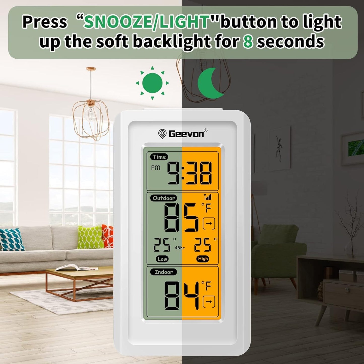 Geevon Indoor Outdoor Thermometer Wireless, Gauge with Time, High and Lows Range Outdoor Temperature Sensor(White)