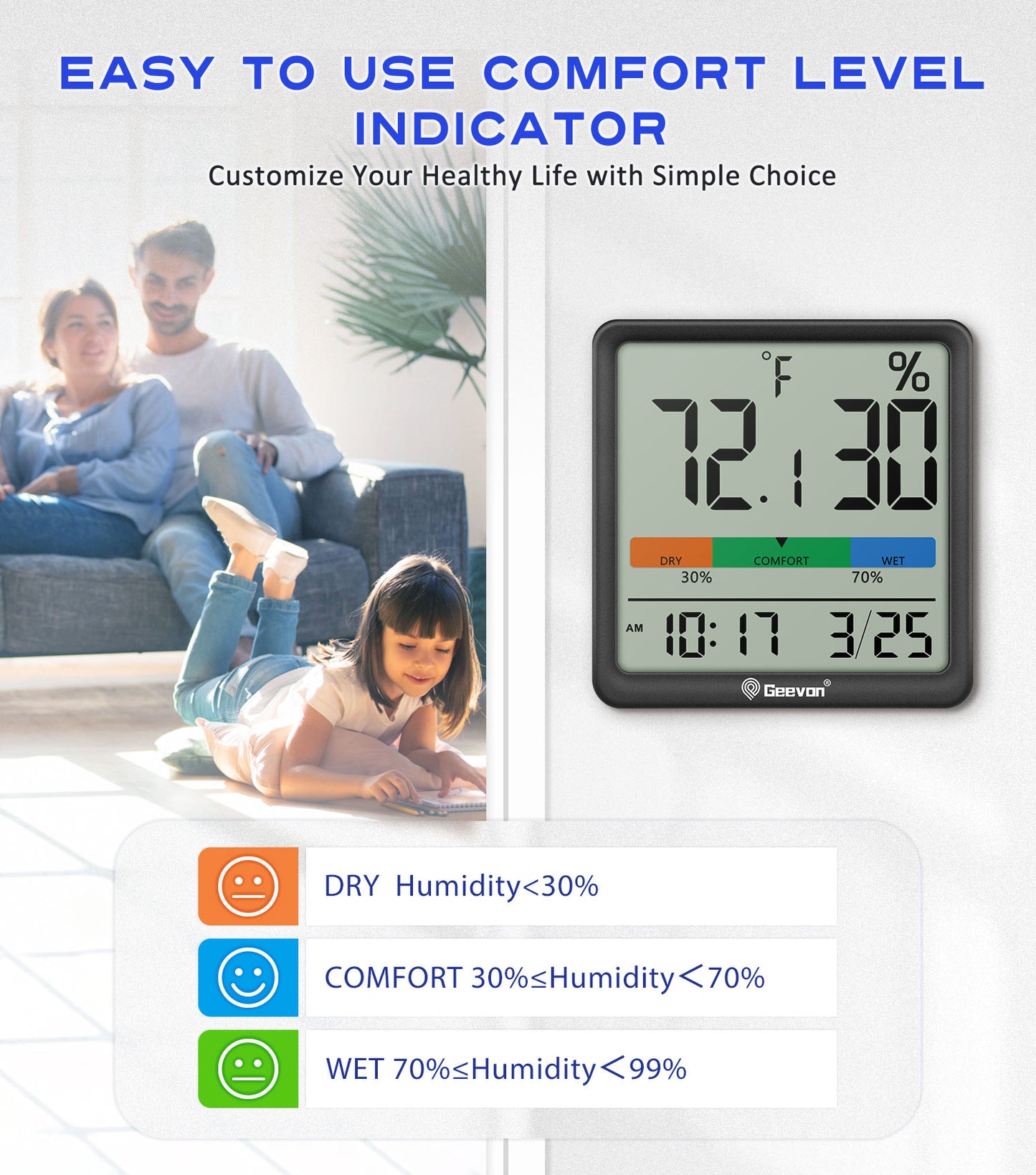 Geevon Digital Indoor Thermometer Hygrometer, Wireless Temperature Humidity Meter with Comfort Index, 1*AAA Battery, Calendar, Small Room Temperature Monitor for Home, Greenhouse, Bedroom(Black)