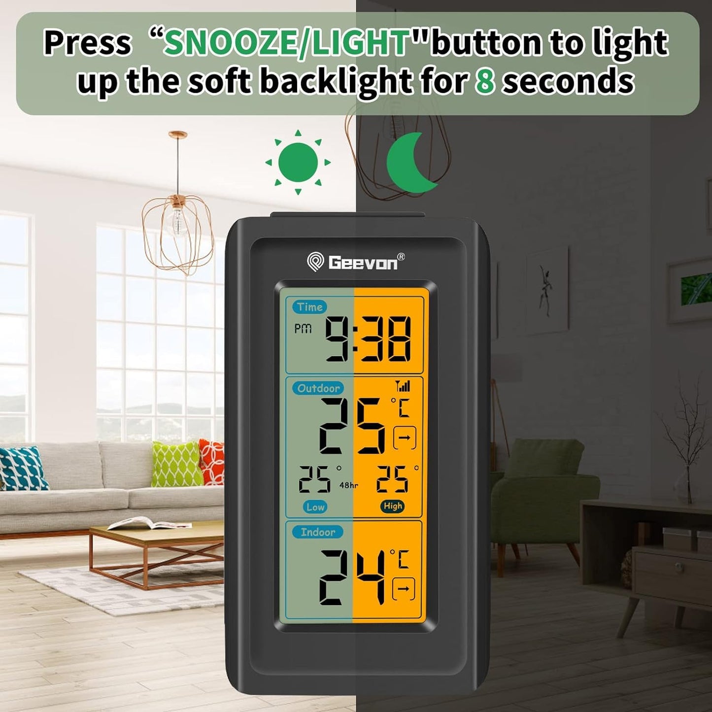 Geevon Indoor Outdoor Thermometer Wireless, Gauge with Time, High and Lows Range Outdoor Temperature Sensor(Black)