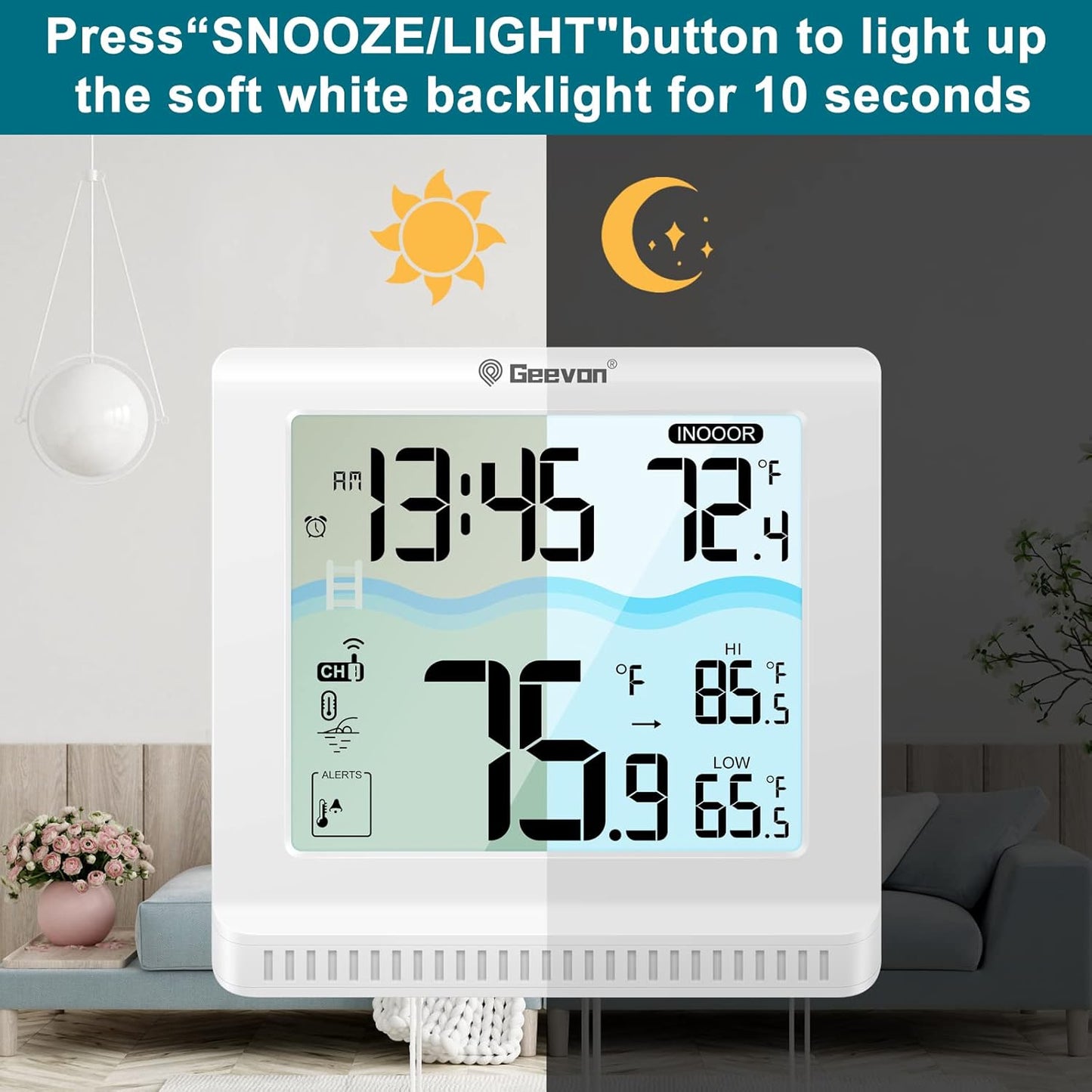 Geevon Digital Pool Thermometer Floating Easy Read, Remote Digital Pool Thermometer Wireless with High & Low Alert, 4.9" Large Display and 10S Backlit for Swimming Pool, Bath Water, Spas and Hot Tubs
