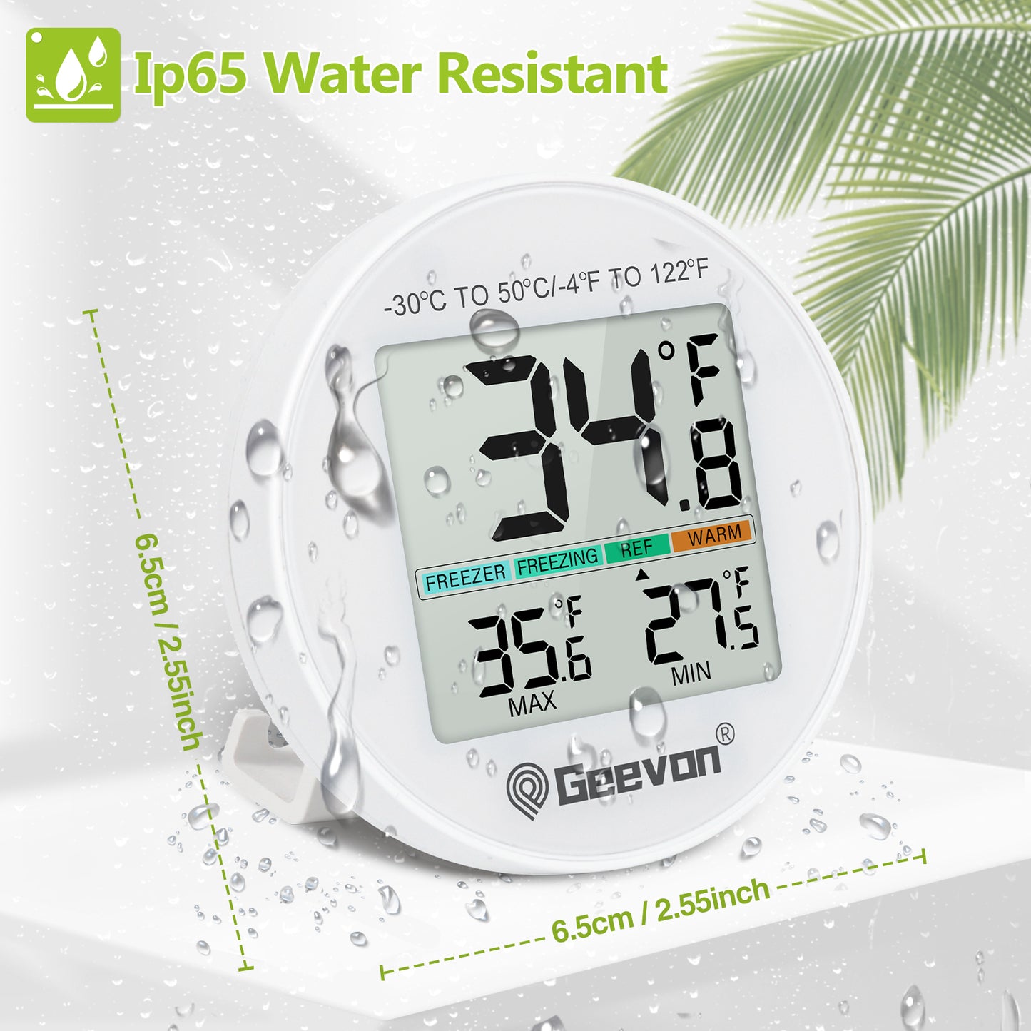 Geevon Small Digital Refrigerator Thermometer 2 Pack, IP65 Waterproof Max/Min Record Function with LCD Screen, Stand and Magnetic Back, for Fridge, Freezer Scenarios(Battery Included)