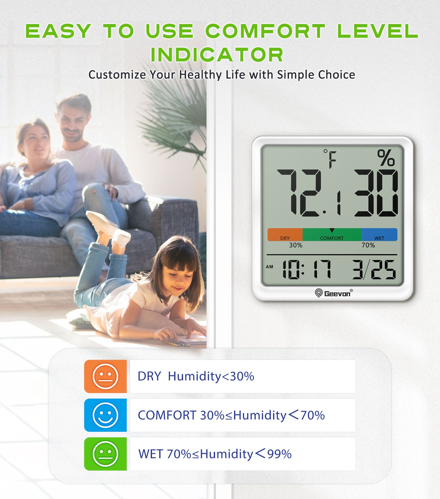 Geevon Digital Indoor Thermometer Hygrometer, Wireless Temperature Humidity Meter with Comfort Index, 1*AAA Battery, Calendar, Small Room Temperature Monitor for Home, Greenhouse, Bedroom(White)