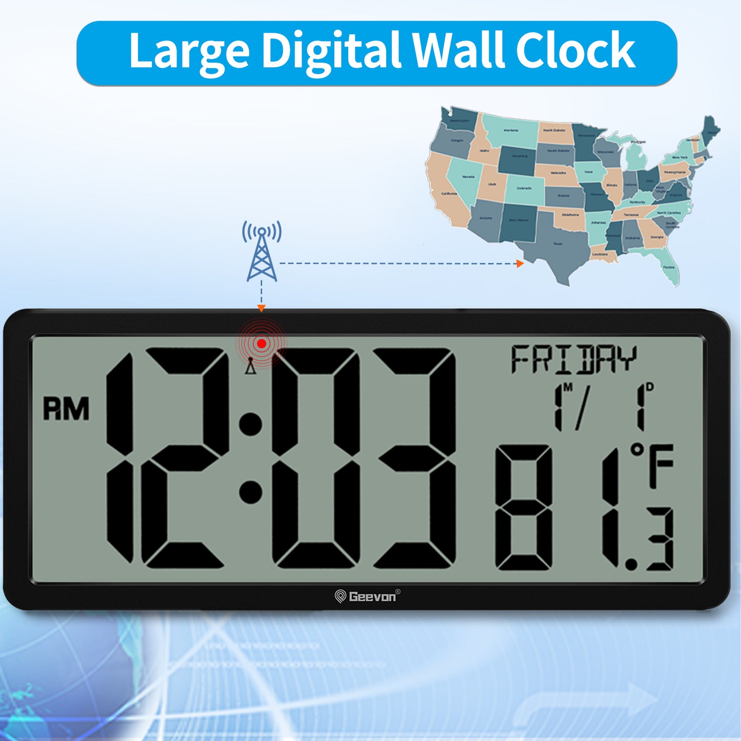 Geevon 14.3" Atomic Clock, Large Atomic Digital Wall Clock with Indoor Temperature, Date, 4.4" Jumbo Digits for Home Office, Living Room, Dining Room (Black)