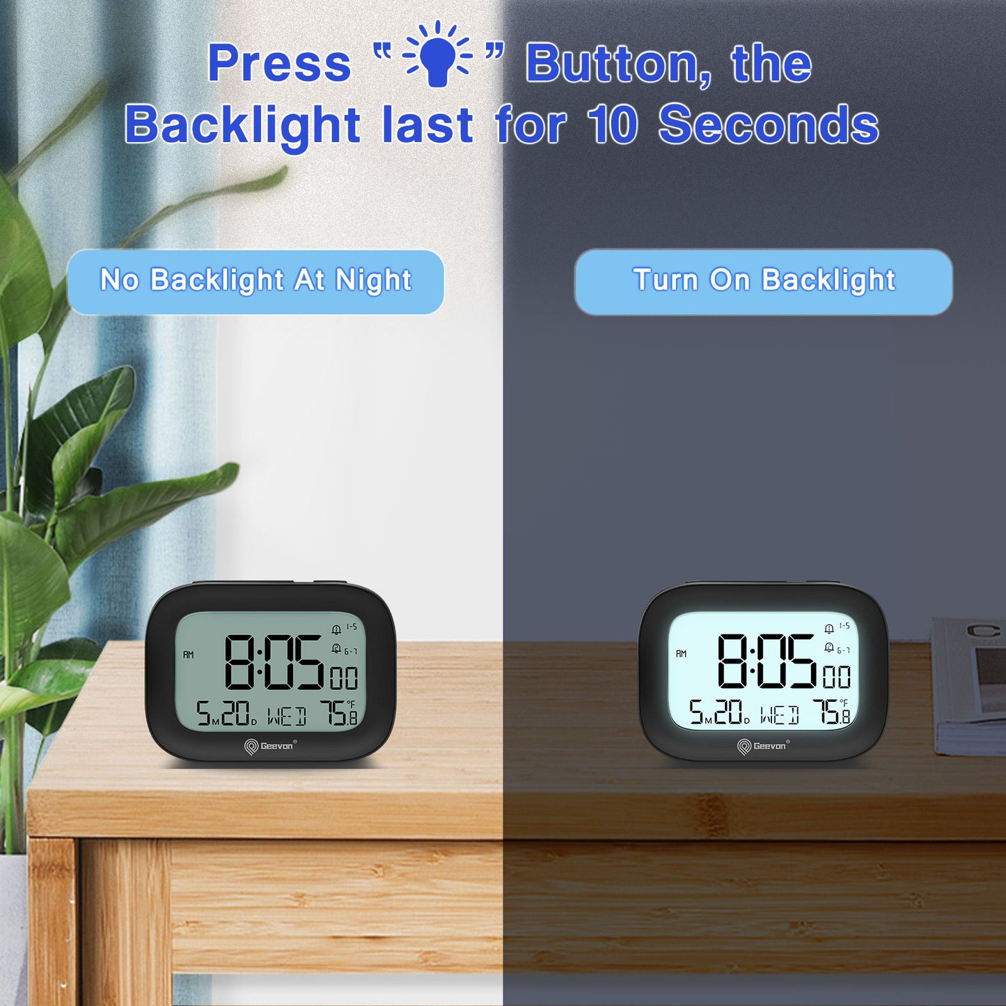 Geevon Small Travel Alarm Clock, Digital Alarm Clocks for Bedrooms Home Office, Battery Operated Desk Clock with 3 Inch Large Display, 2 Alarms, 5s Backlight, Snooze, Indoor Temperature(Black)