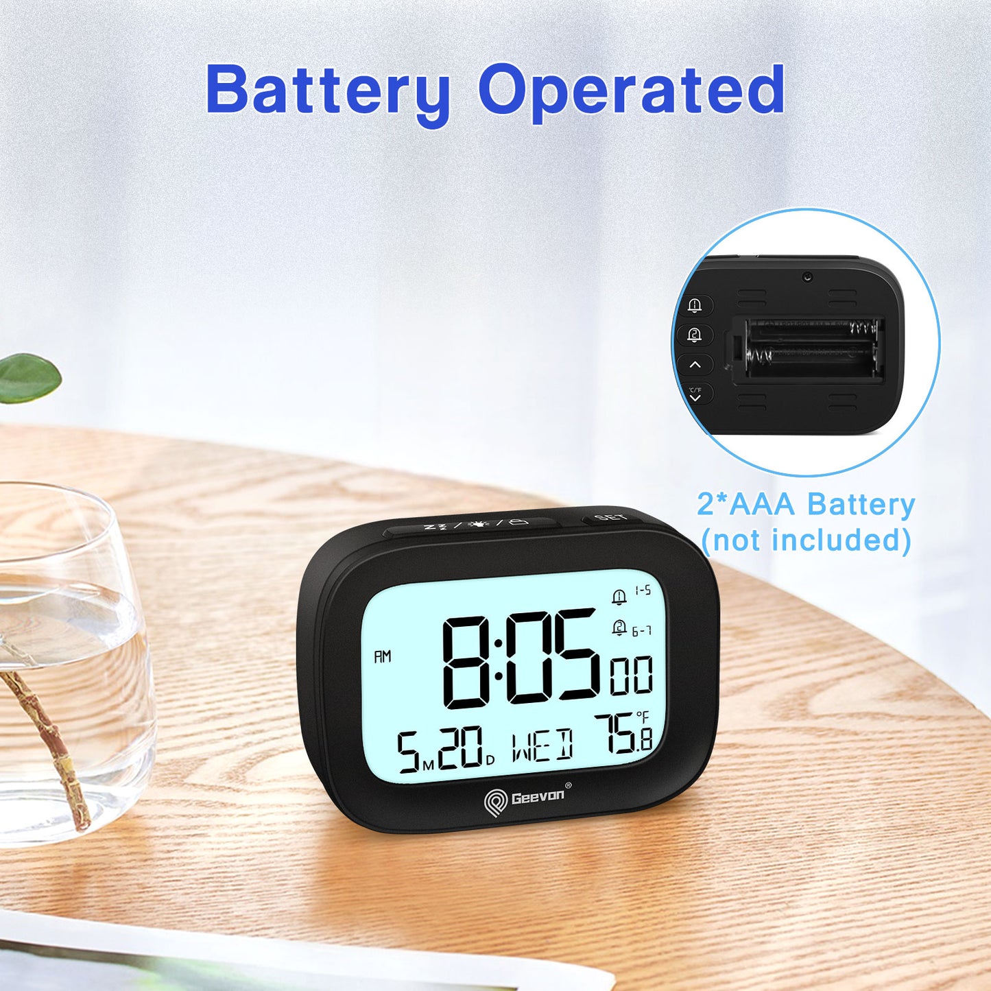 Geevon Small Travel Alarm Clock, Digital Alarm Clocks for Bedrooms Home Office, Battery Operated Desk Clock with 3 Inch Large Display, 2 Alarms, 5s Backlight, Snooze, Indoor Temperature(Black)