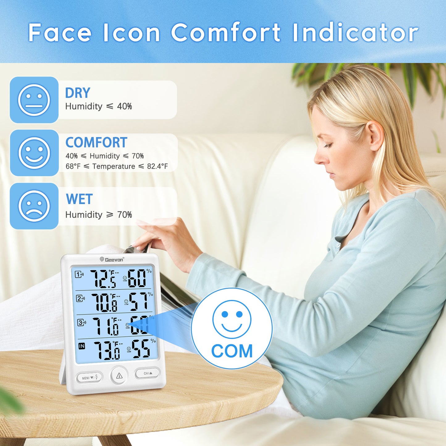 Geevon Indoor Outdoor Thermometer Wireless, 5-Inch Display with 3 Remote Sensors Wireless Thermohygrometer, Digital Temperature Humidity Meter with 200FT/60M Range(White Backlight)