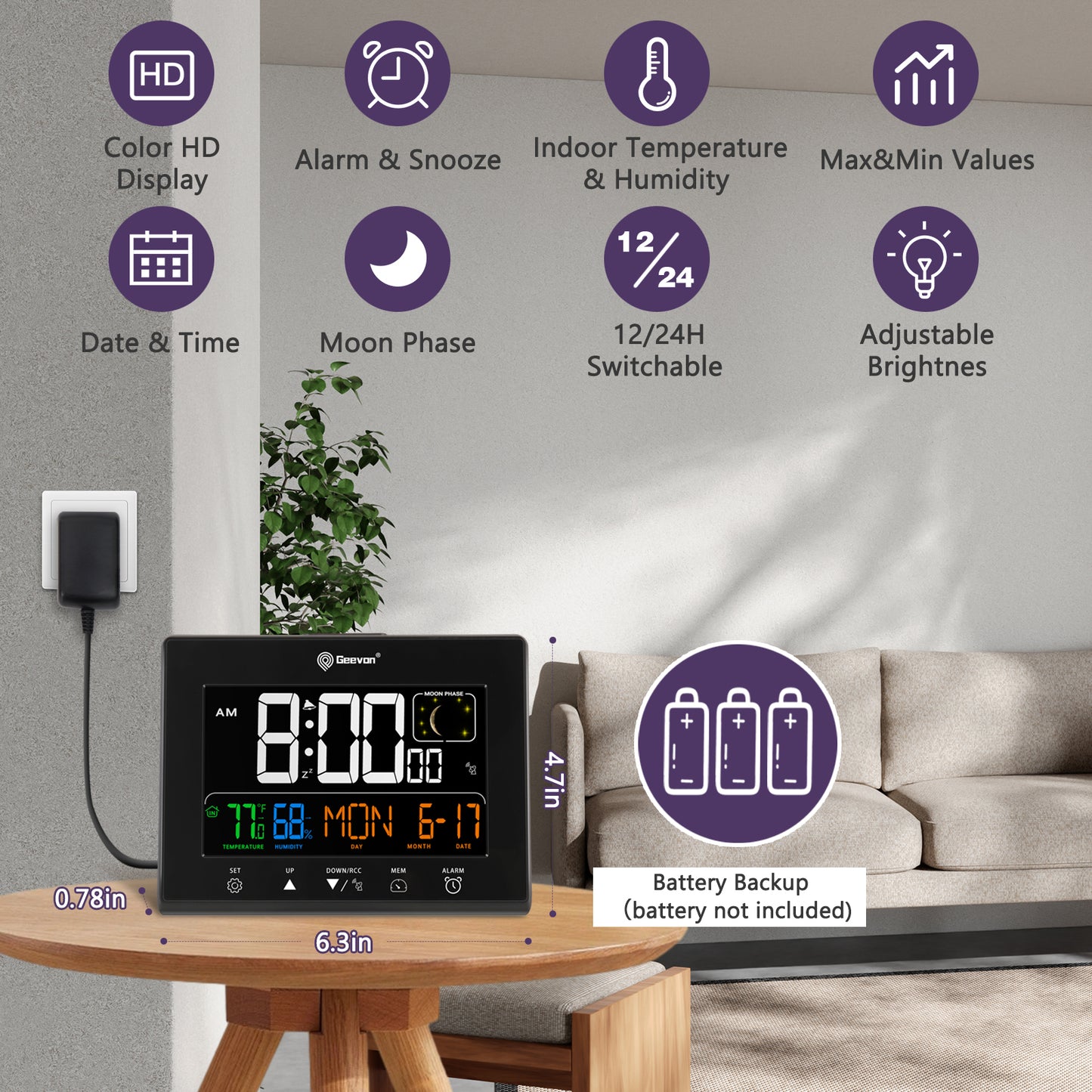 Geevon Digital Atomic Alarm Clocks for Bedrooms with Battery Backup, HD Color Display Atomic Lock with Backlight, 2 USB Ports, Indoor Temperature and Humidity, Moon Phases, Time