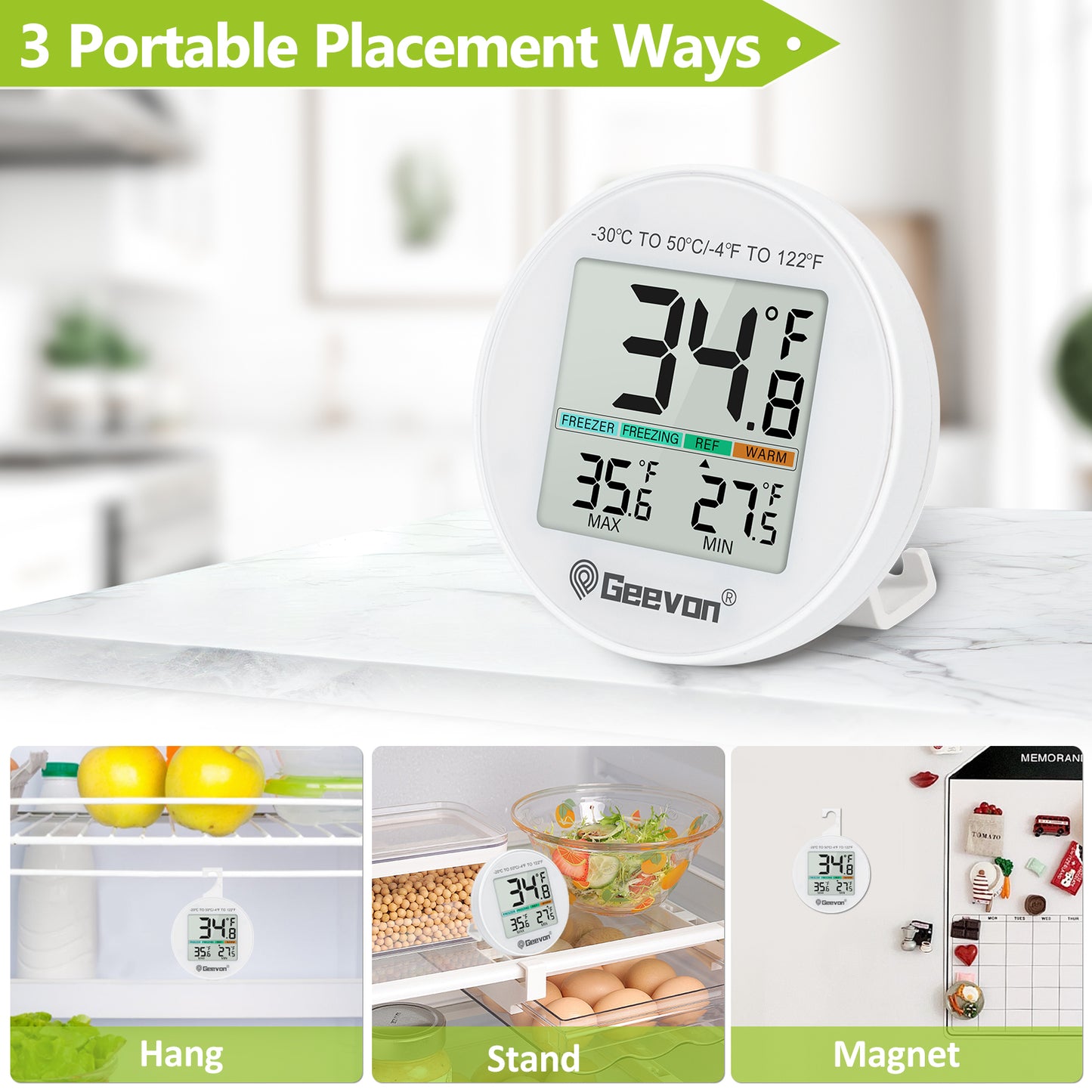 Geevon Small Digital Refrigerator Thermometer 3 Pack, IP65 Waterproof Max/Min Record Function with LCD Screen, Stand and Magnetic Back, for Fridge, Freezer Scenarios(Battery Included)