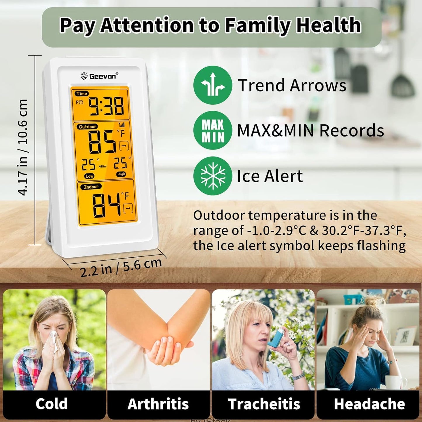 Geevon Indoor Outdoor Thermometer Wireless, Gauge with Time, High and Lows Range Outdoor Temperature Sensor(White)