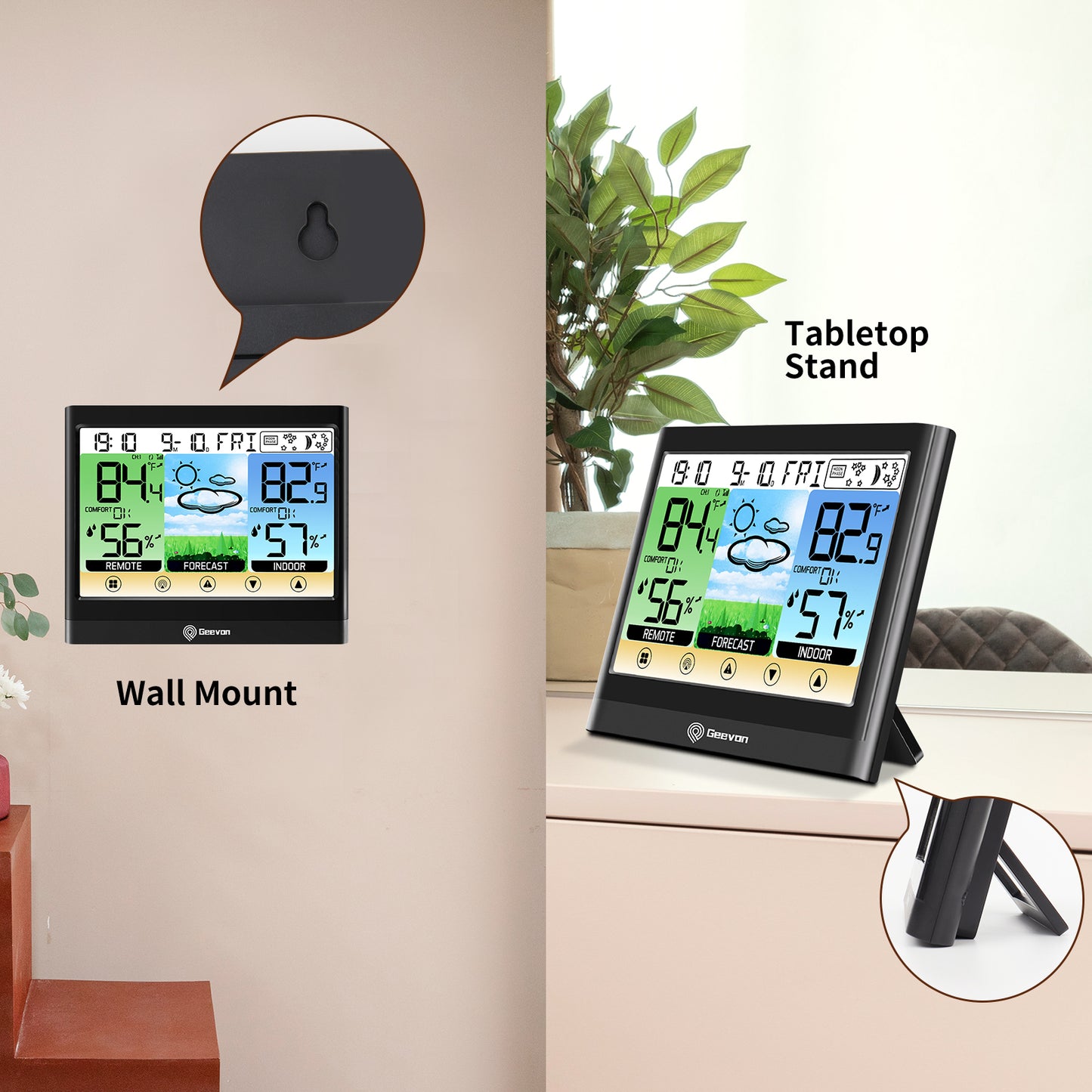 Geevon Weather Stations Wireless Indoor Outdoor Thermometer Hygrometer with Dew Point, Heat Index, Touch LCD Display Digital Weather Thermometer with Alarm Clock and Adjustable Backlight
