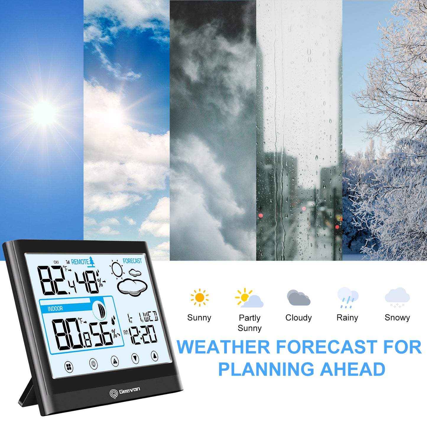 Geevon Weather Station Indoor Outdoor Thermometer Digital Wireless, Outdoor Thermometer with Backlight LCD Display & Alarm Clock for Home Office