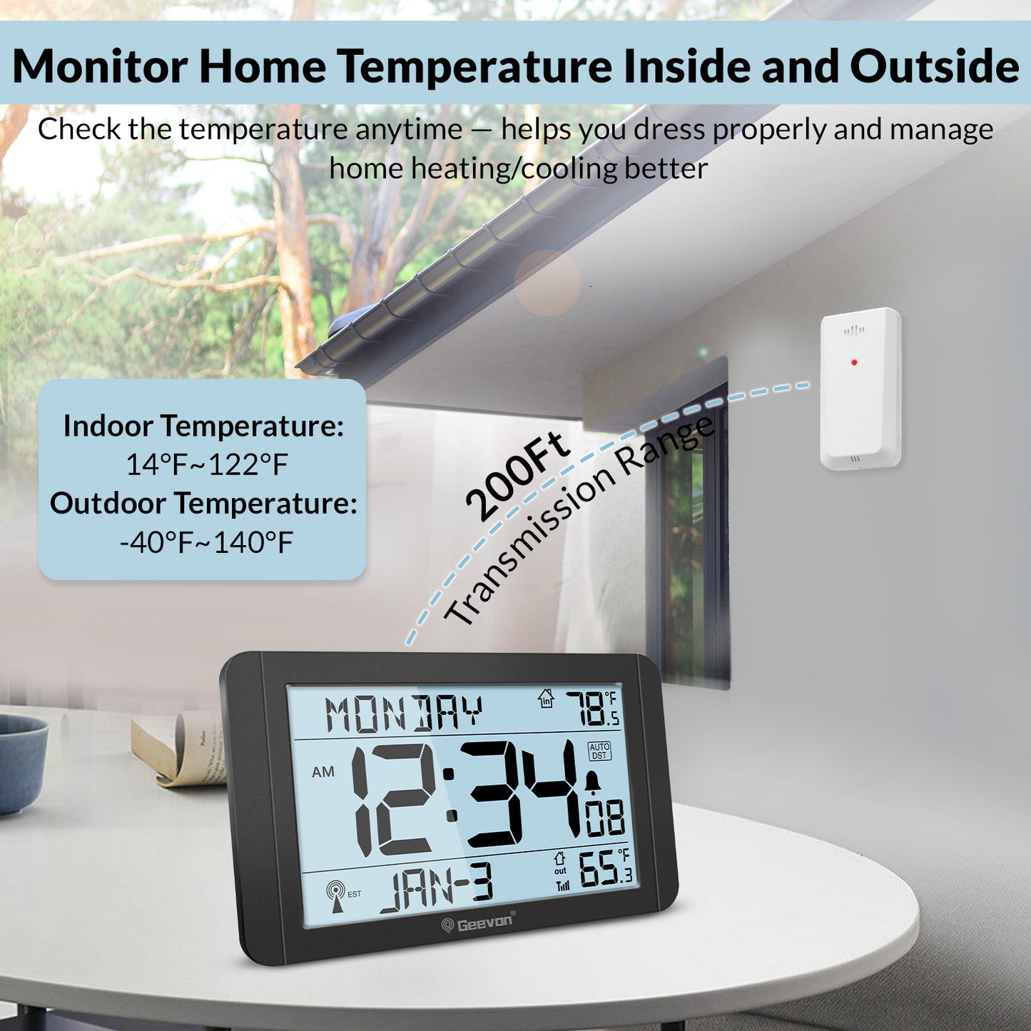 Geevon 10.8'' Atomic Clock with Indoor Outdoor Temperature, Large Display Digital Wall Clock with Wireless Sensor, for Bedroom, Office, Kitchen, Living Room, Easy for Seniors to Read