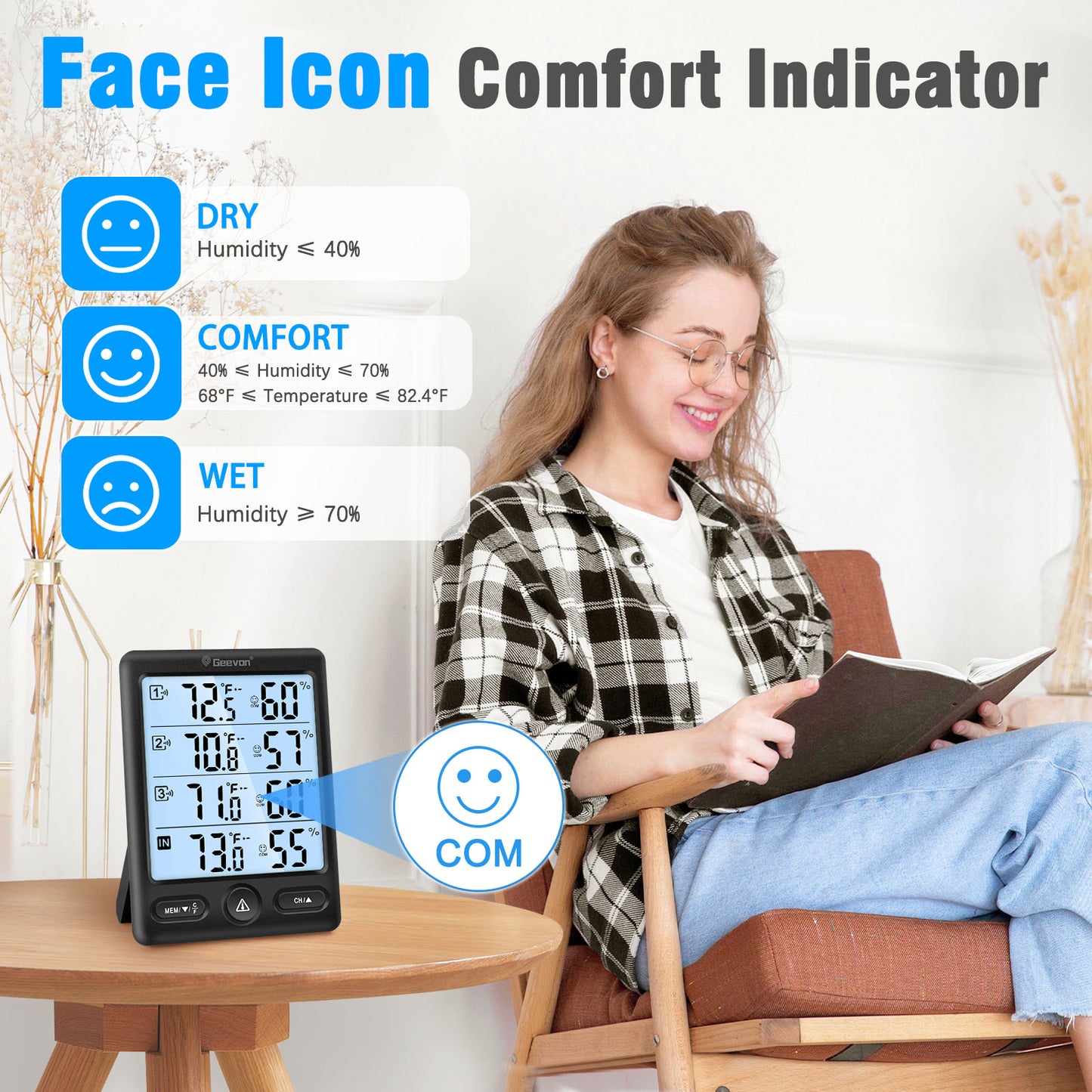 Geevon Indoor Outdoor Thermometer Wireless, 5-Inch Display with 3 Remote Sensors Wireless Thermohygrometer, Digital Temperature Humidity Meter with 200FT/60M Range(Black Backlight)