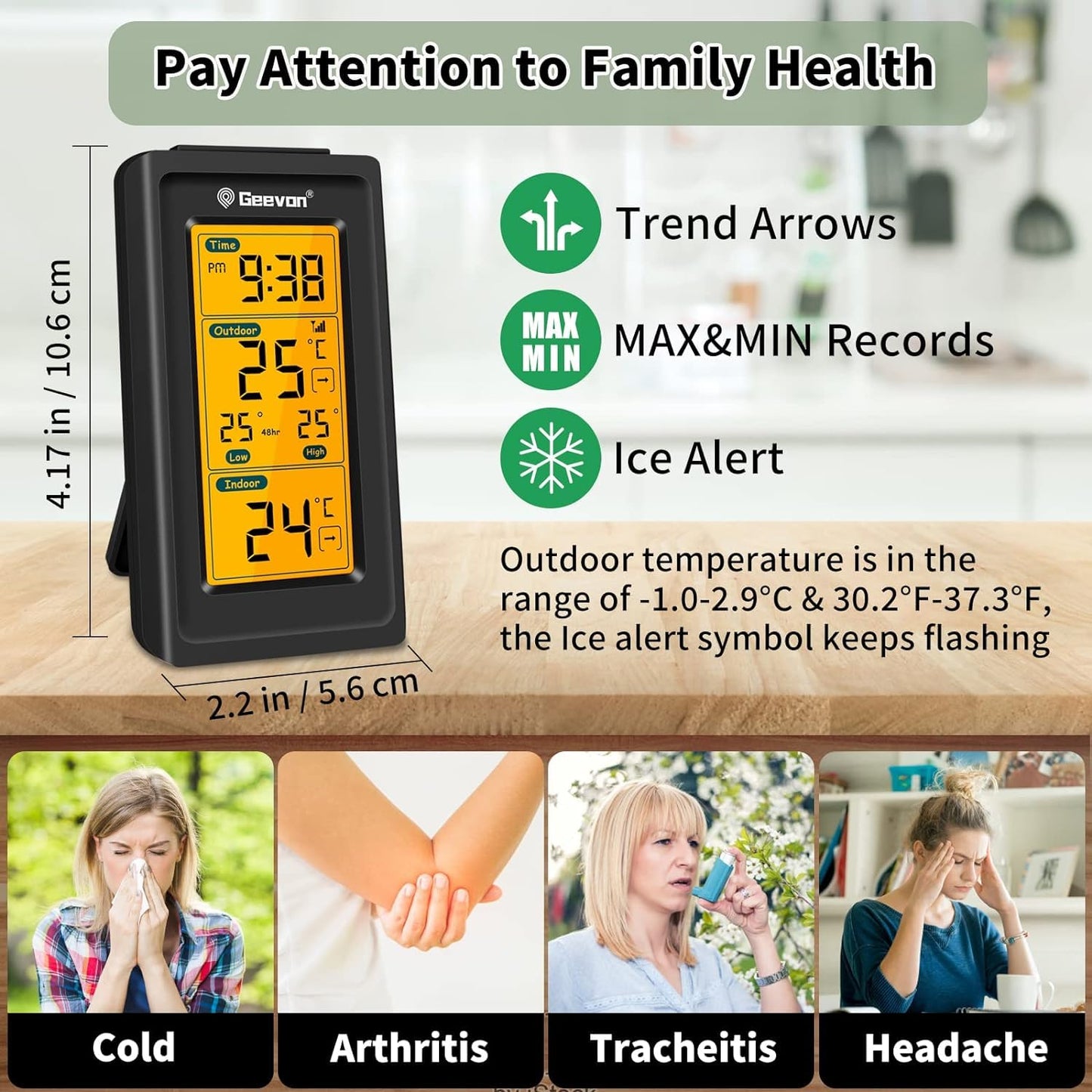 Geevon Indoor Outdoor Thermometer Wireless, Gauge with Time, High and Lows Range Outdoor Temperature Sensor(Black)
