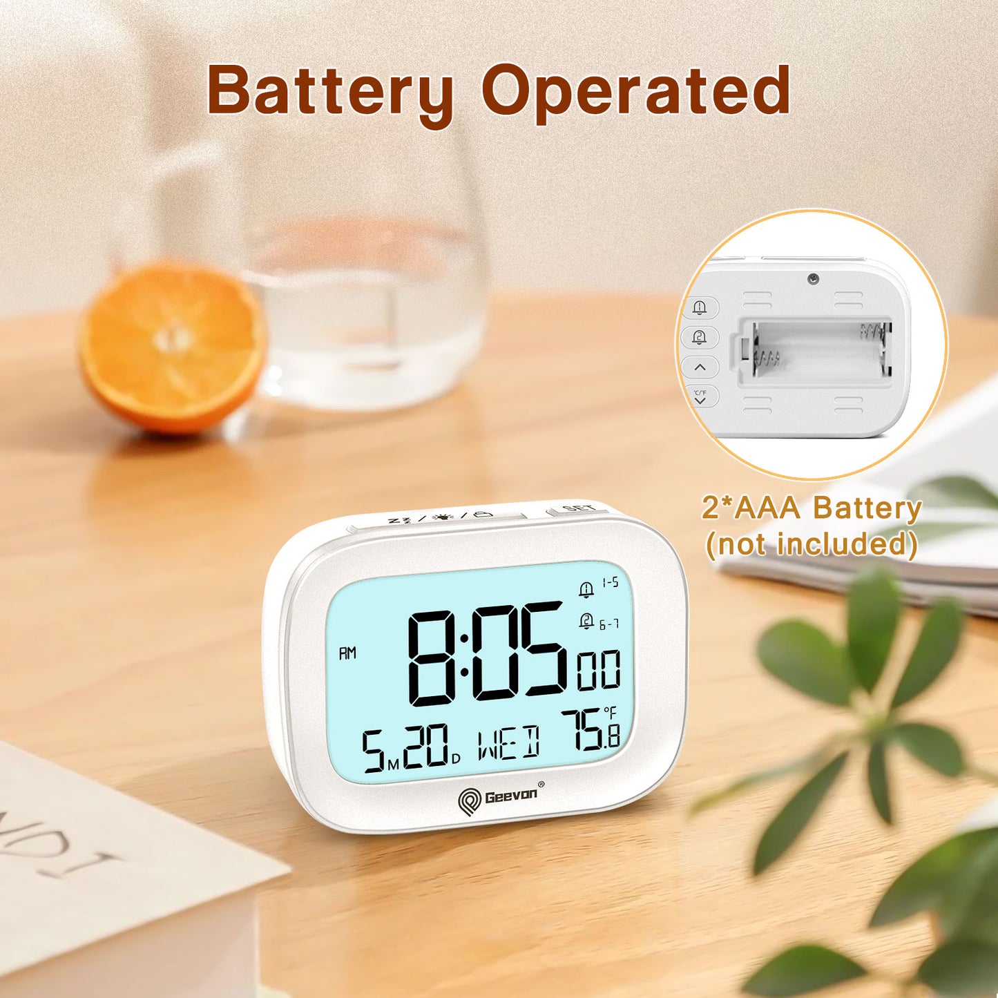 Geevon Small Travel Alarm Clock, Digital Alarm Clocks for Bedrooms Home Office, Battery Operated Desk Clock with 3 Inch Large Display, 2 Alarms, 5s Backlight, Snooze, Indoor Temperature(White)