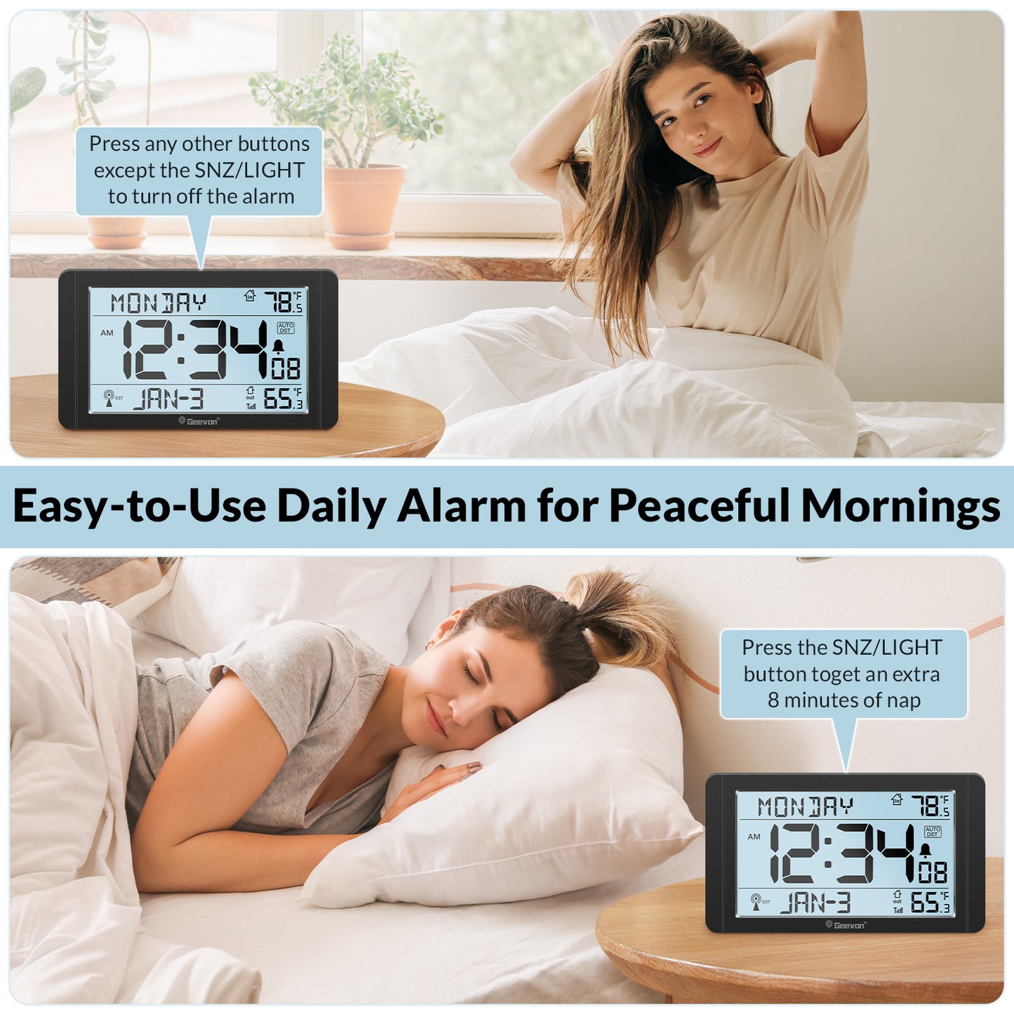 Geevon 10.8'' Atomic Clock with Indoor Outdoor Temperature, Large Display Digital Wall Clock with Wireless Sensor, for Bedroom, Office, Kitchen, Living Room, Easy for Seniors to Read