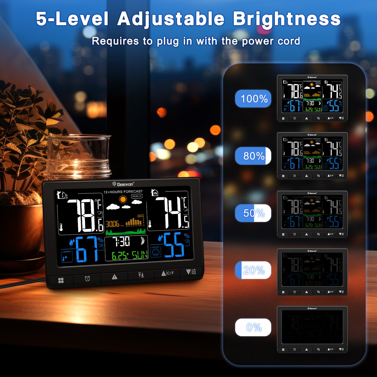 Geevon Weather Station Wireless Indoor Outdoor Thermometer with Atomic Clock, VA Color Display Digital Temperature Humidity Monitor with Barometer, Comfort Indicator, and Adjustable Backlight