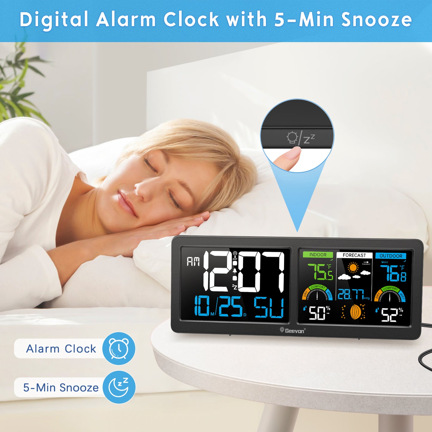 Geevon Weather Station Wireless Indoor Outdoor Thermometer with Atomic Clock, HD Color Display Digital Temperature Humidity Monitor with Barometer, Comfort Indicator, and Adjustable Backlight