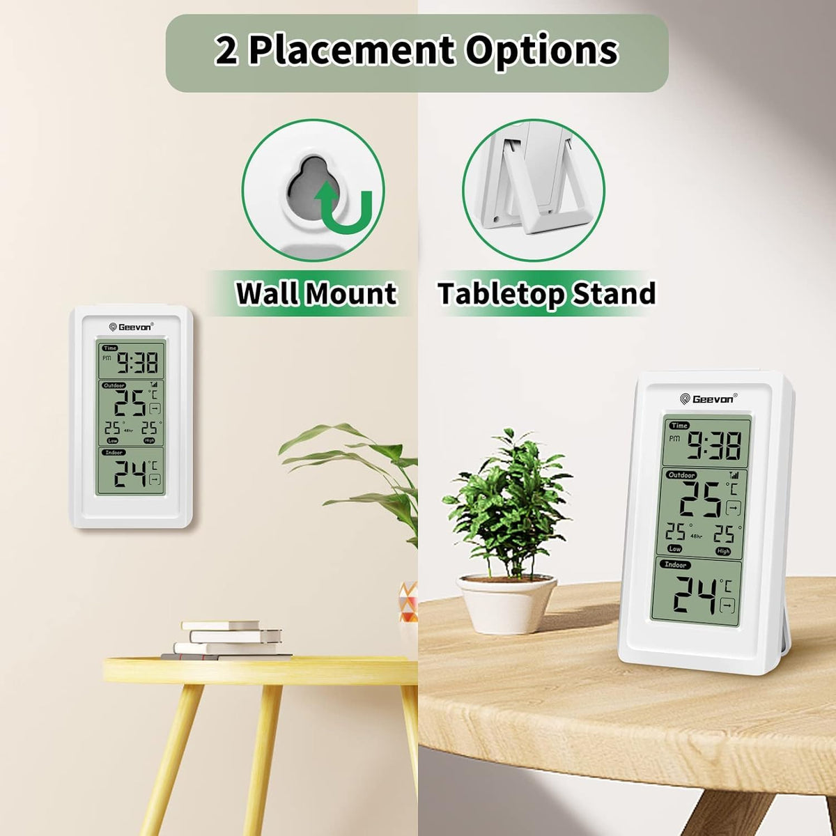 Geevon Indoor Outdoor Thermometer Wireless, Gauge with Time, High and Lows Range Outdoor Temperature Sensor(White)