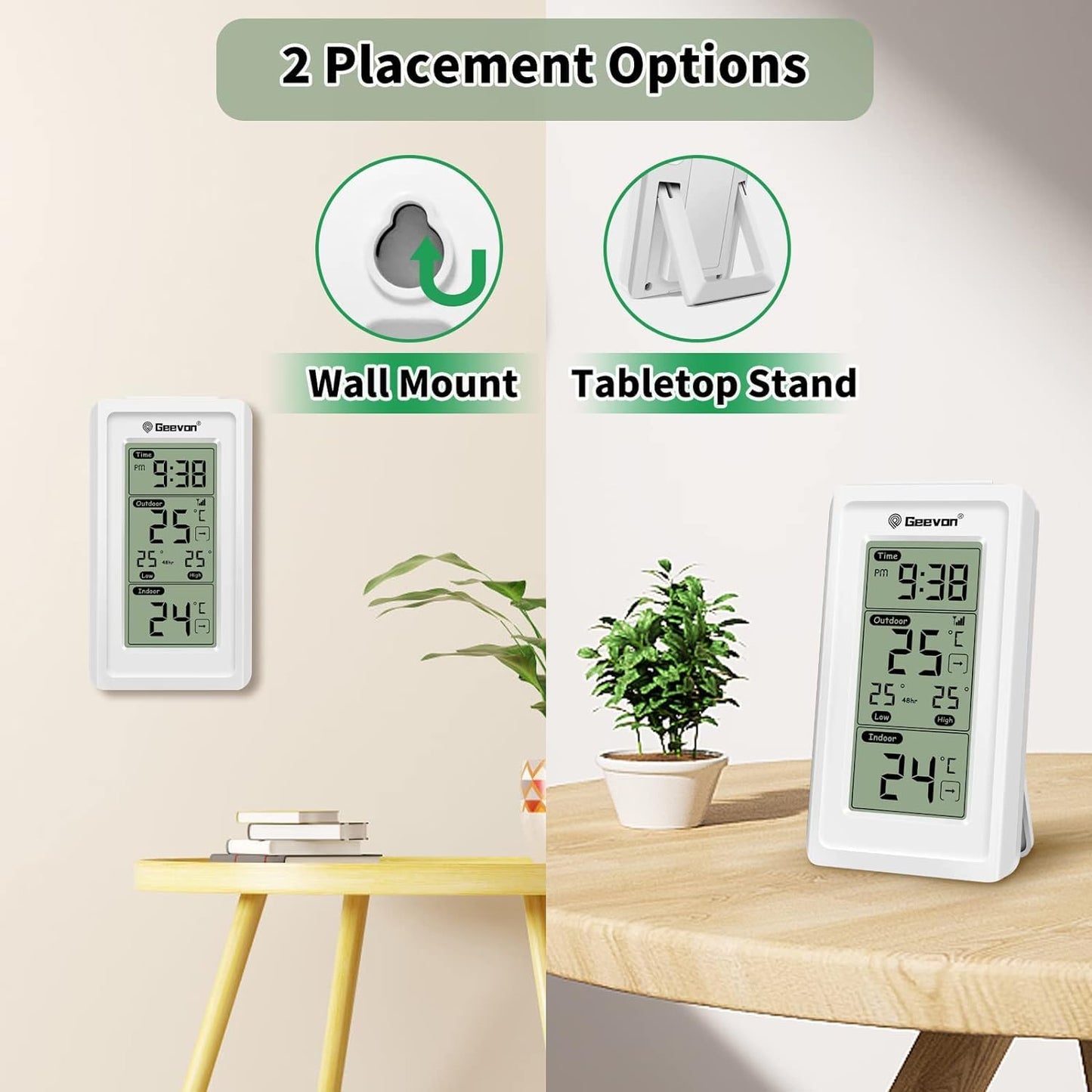 Geevon Indoor Outdoor Thermometer Wireless, Gauge with Time, High and Lows Range Outdoor Temperature Sensor(White)