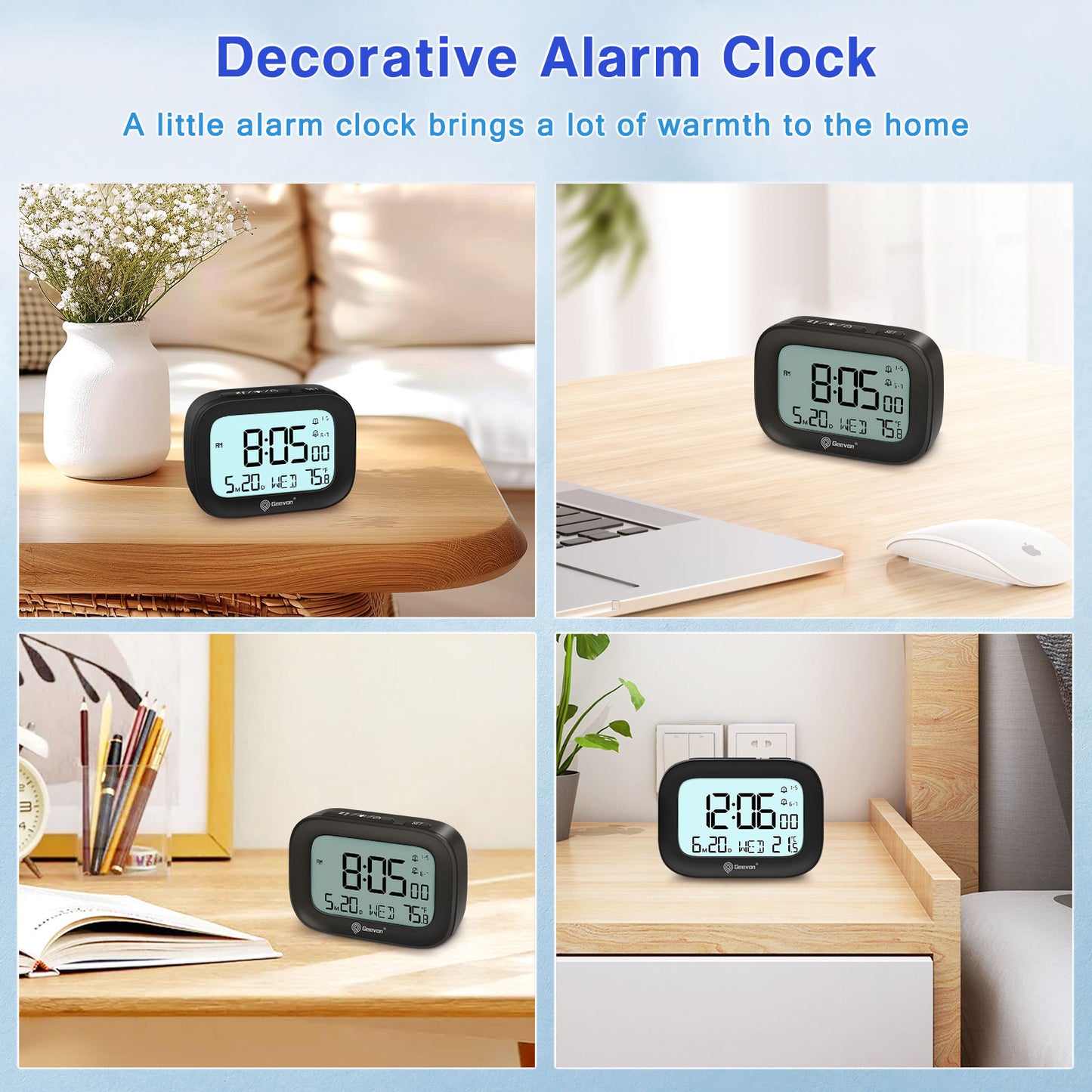 Geevon Small Travel Alarm Clock, Digital Alarm Clocks for Bedrooms Home Office, Battery Operated Desk Clock with 3 Inch Large Display, 2 Alarms, 5s Backlight, Snooze, Indoor Temperature(Black)