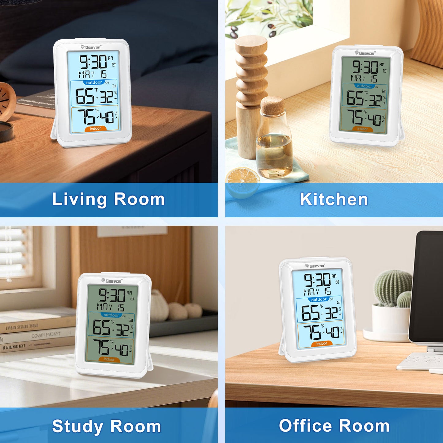 Geevon Indoor Outdoor Thermometer Digital Wireless, Digital Thermohygrometer with Time, 200ft/60m Range Outdoor Thermometer(White)