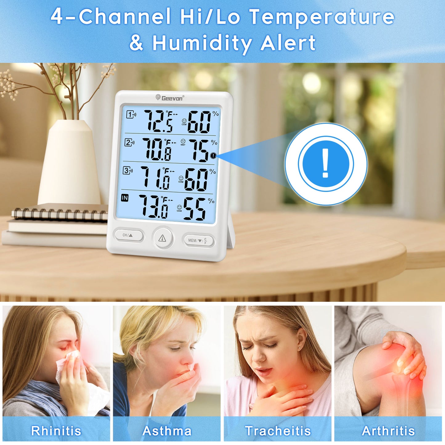 Geevon Indoor Outdoor Thermometer Wireless, 5-Inch Display with 3 Remote Sensors Wireless Thermohygrometer, Digital Temperature Humidity Meter with 200FT/60M Range(White Backlight)