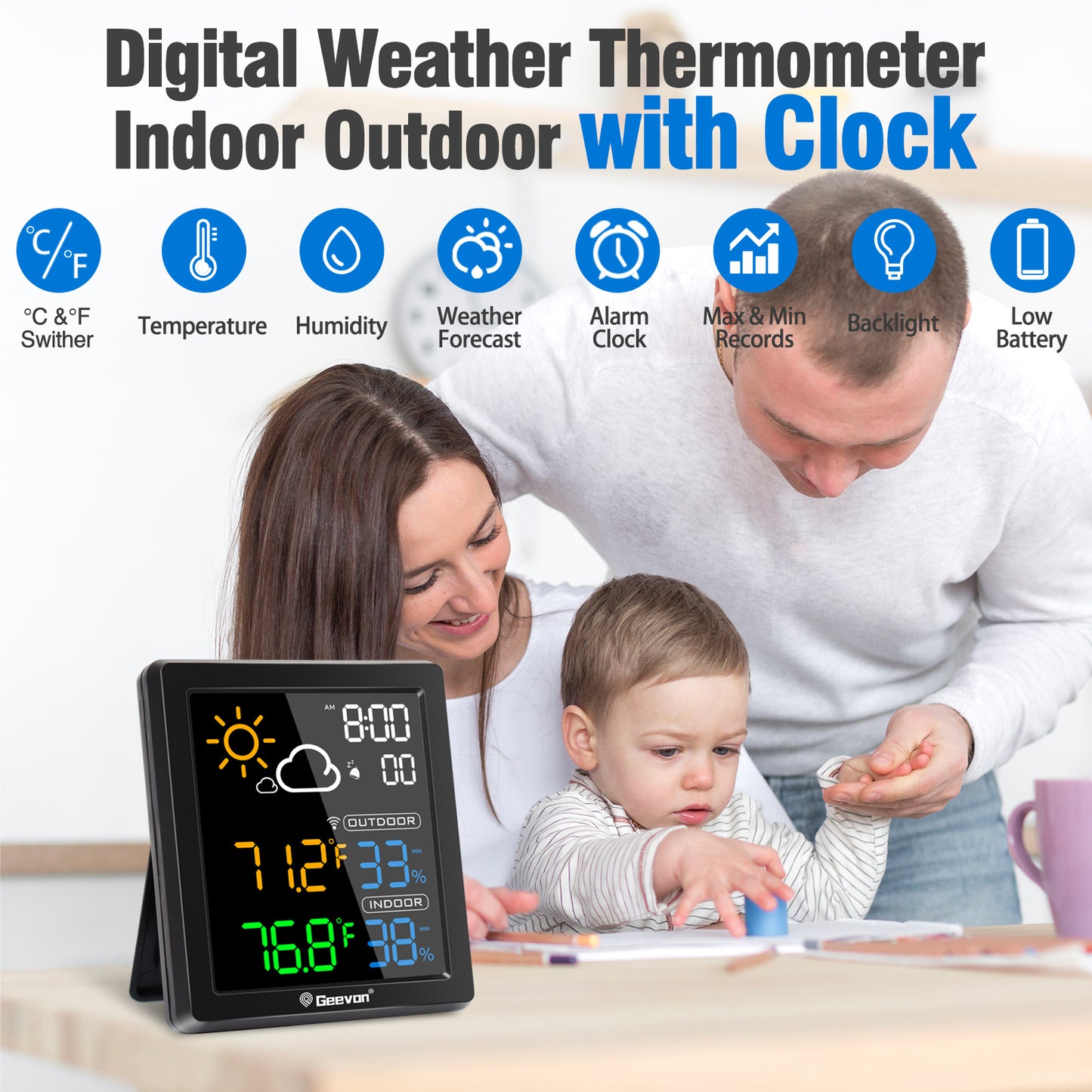 Geevon Indoor Outdoor Thermometer Digital Wireless, Color Display Digital Thermohygrometer Temperature Humidity Monitor with Alarm Clock and Backlight