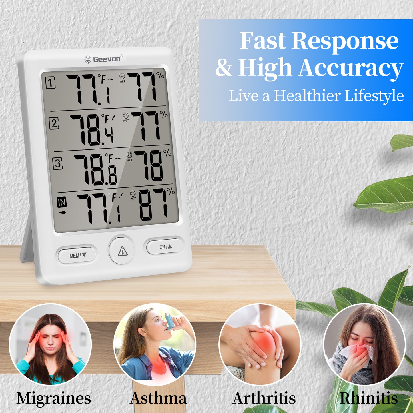 Geevon Indoor Outdoor Thermometer Wireless with 3 Remote Sensors, Wireless Thermohygrometer, Digital Temperature Humidity Meter with 200FT/60M Range(White)
