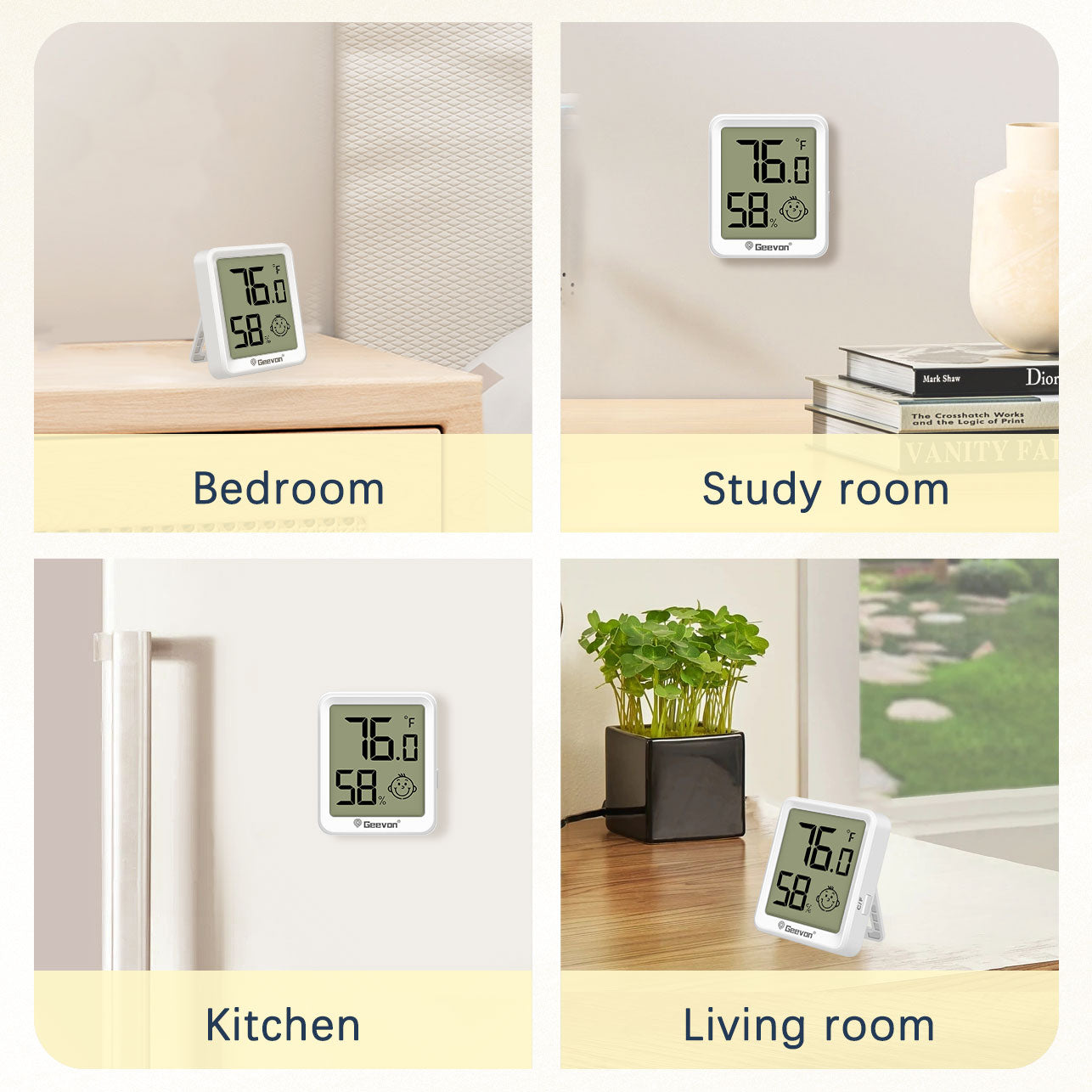 Geevon 4 Pack Digital Hygrometer Indoor Thermohygrometer , Room Thermometer Humidity Meter for Home, Bedroom, Baby Room, Office, Greenhouse, Cellar (White)