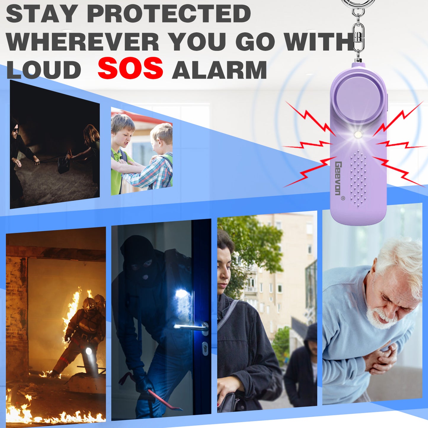 Geevon 3 Pack Personal Safety Alarms, 130DB Safe Sound Self Defense Alarm Siren with Strobe Light, Emergency Security Alert Devices for Women, Elderly, Children (2 Pack Purple & 1 Pack Mint Green)