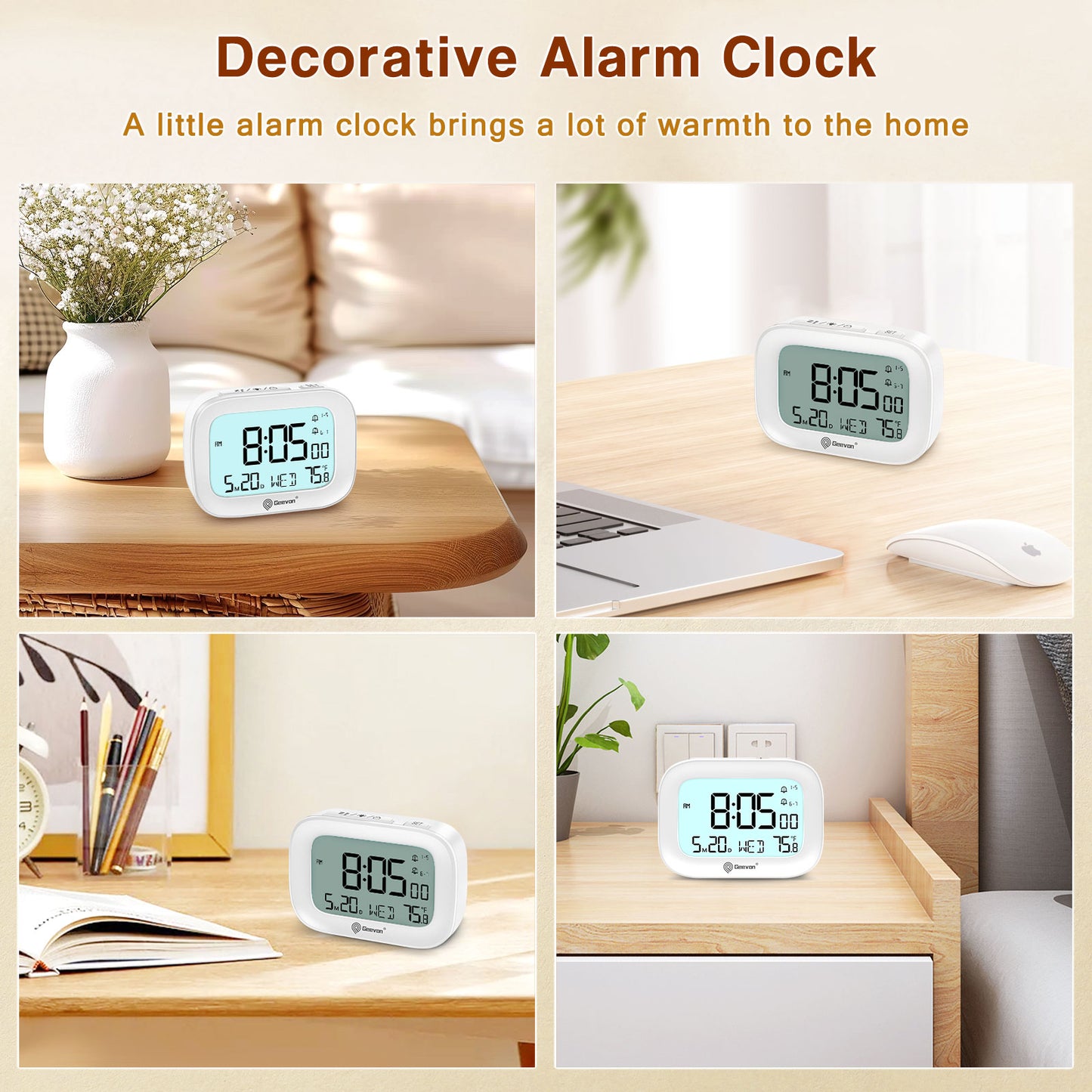 Geevon Small Travel Alarm Clock, Digital Alarm Clocks for Bedrooms Home Office, Battery Operated Desk Clock with 3 Inch Large Display, 2 Alarms, 5s Backlight, Snooze, Indoor Temperature(White)