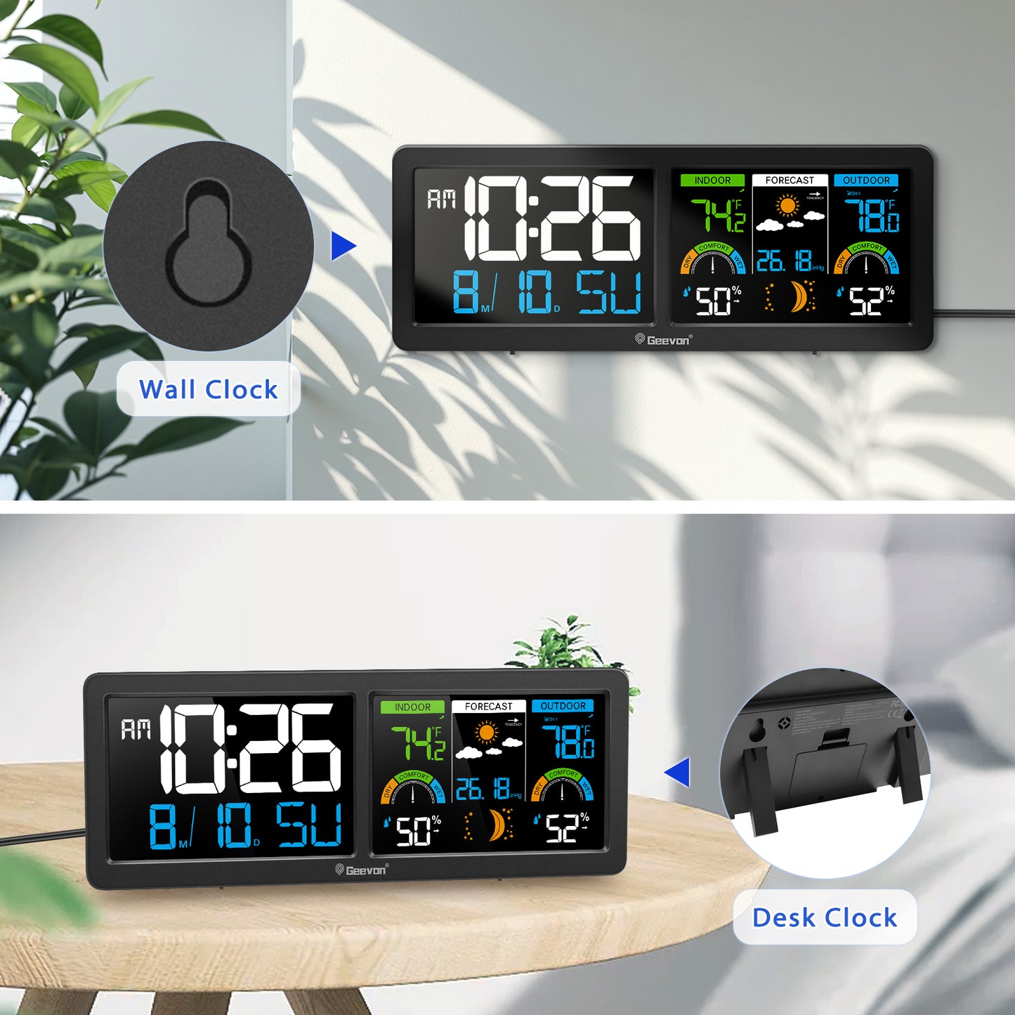 Geevon Weather Station Wireless Indoor Outdoor Thermometer, HD Color Display Digital Temperature Humidity Monitor with Barometer, Comfort Indicator, and Adjustable Backlight