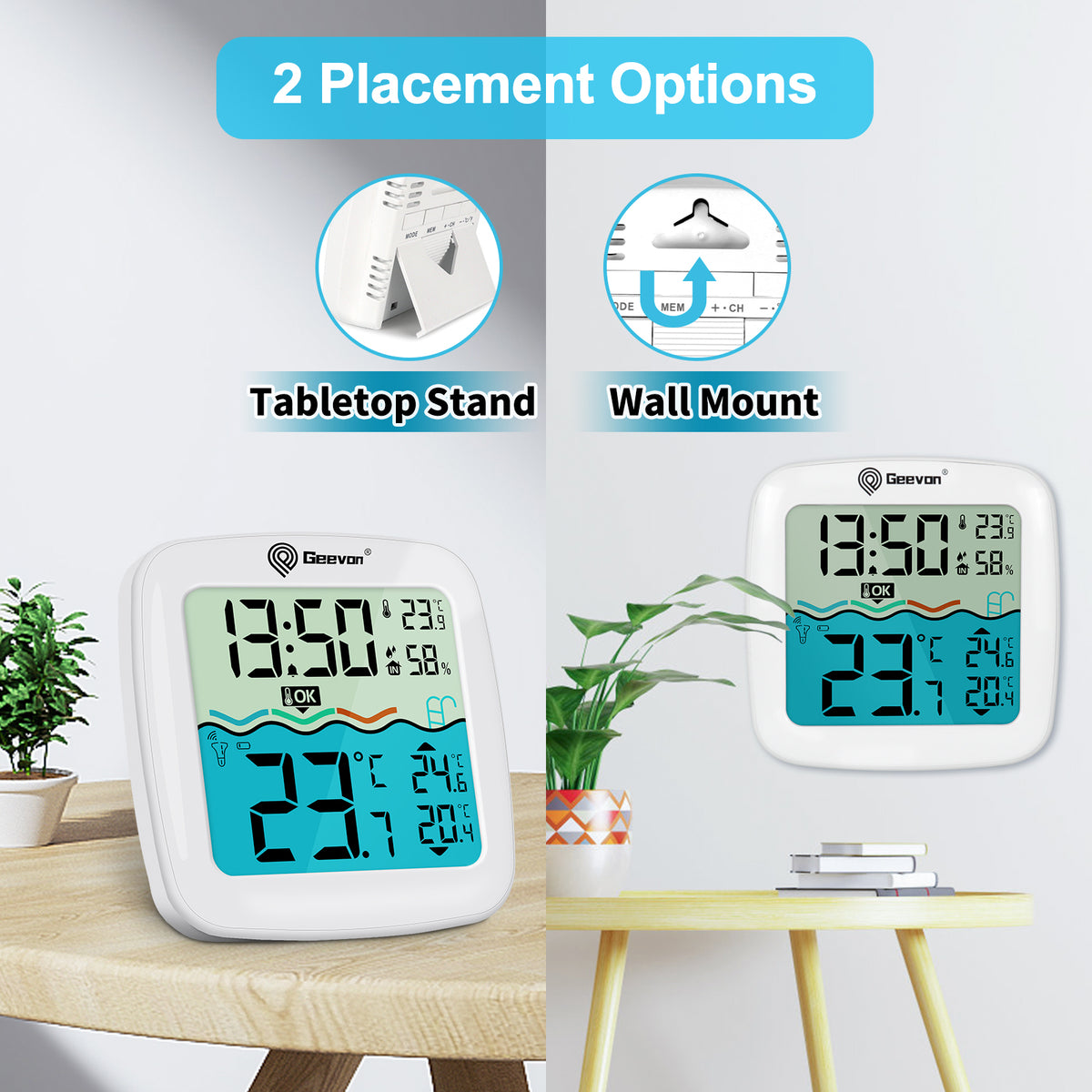 Geevon Digital Pool Thermometer Large-Size Thermometer with Backlit Display Temperature Monitor for Hot Tubs/Ice Baths/Pools/SPA/Aquariums/Ponds Spring & Summer Kit Early Warning Display Time Display with Alarm Function 12/24-Hour Format Switch
