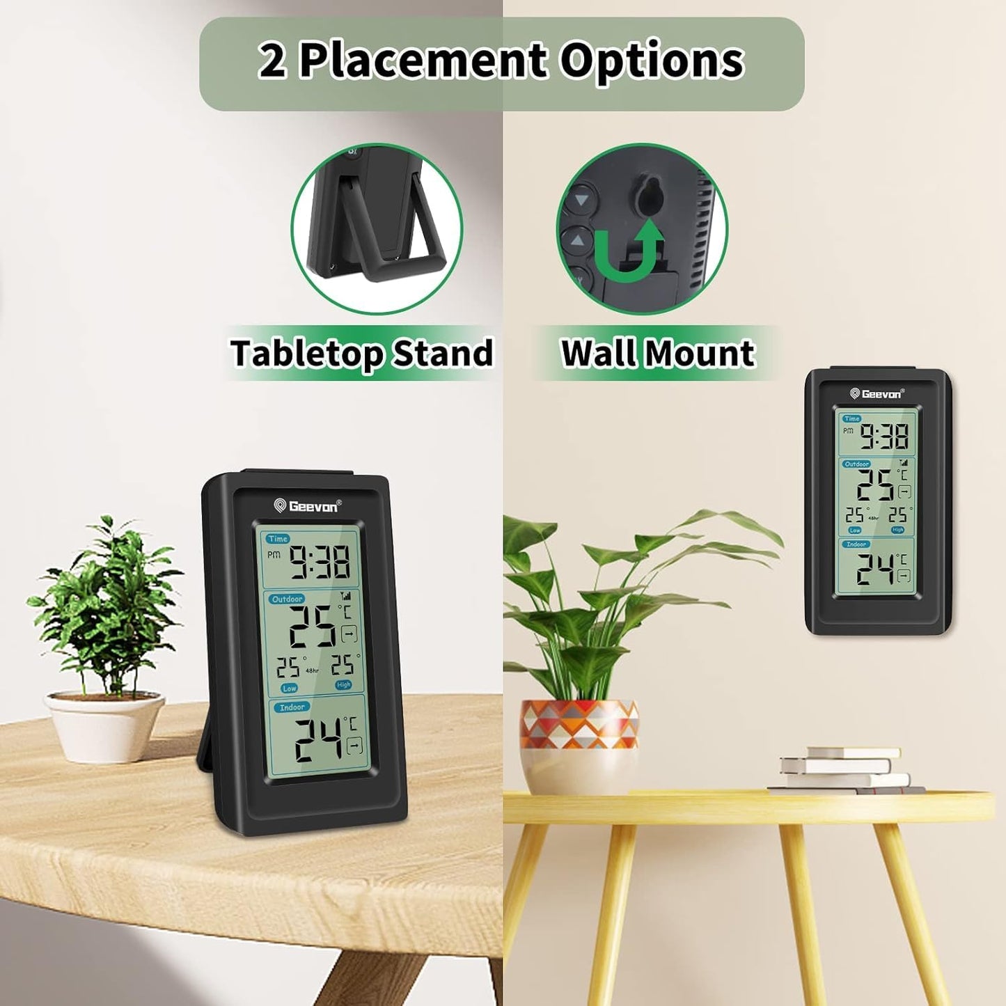 Geevon Indoor Outdoor Thermometer Wireless, Gauge with Time, High and Lows Range Outdoor Temperature Sensor(Black)